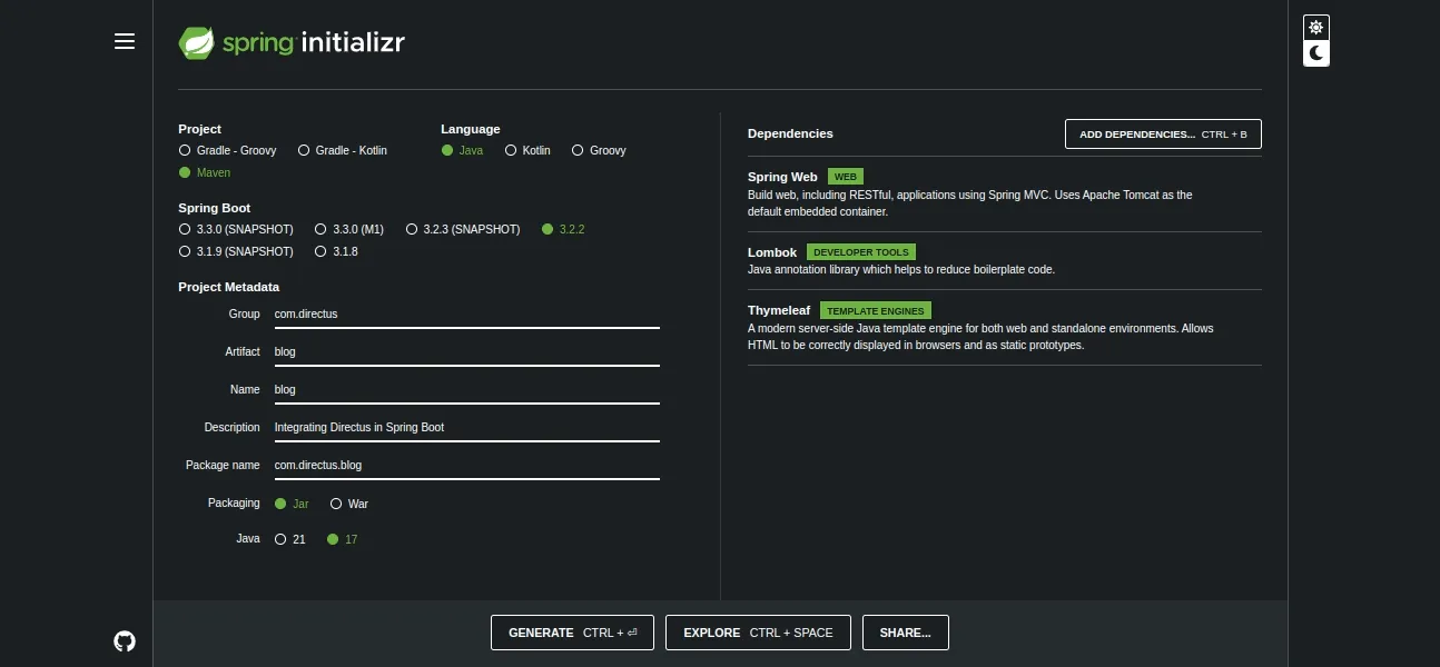 A Spring Initializr page showing user configuration and three dependencies.