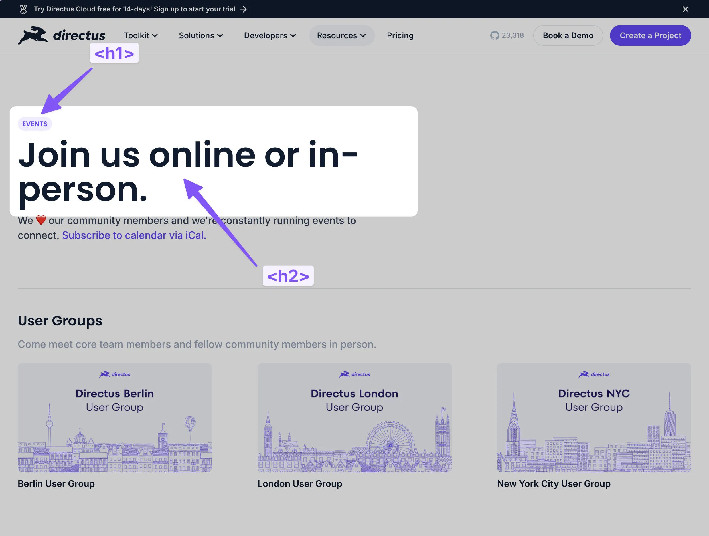 An events page on the Directus website that highlights the difference in size between the H1 and H2 tags. A small badge with the text Events is the H1. A large headline is the H2.