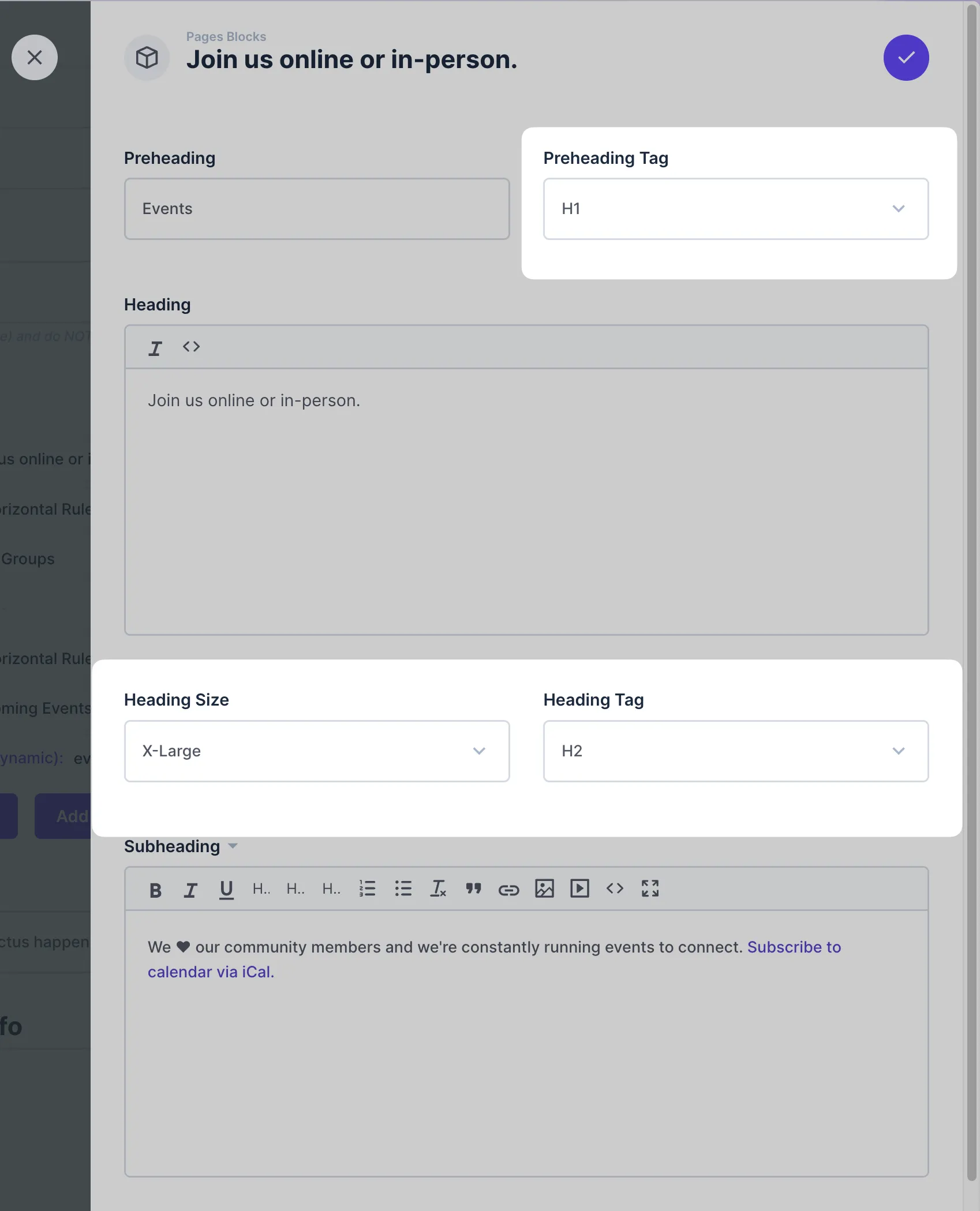 Content editing form within Directus collection. Several fields are highlighted - Preheading Tag, Heading Size, and Heading Tag. Preheading Tag has a value of H1, Heading Size has a value of X-Large, and Heading Tag has a value of H2.