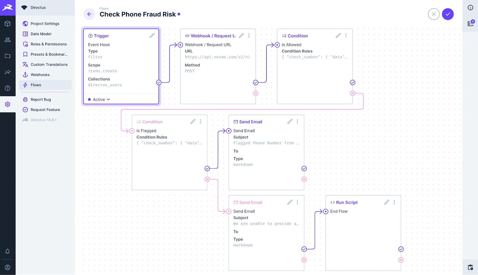 After the Is Flagged operation, the resolved path sends an email and the reject path sends an email and then runs a script.