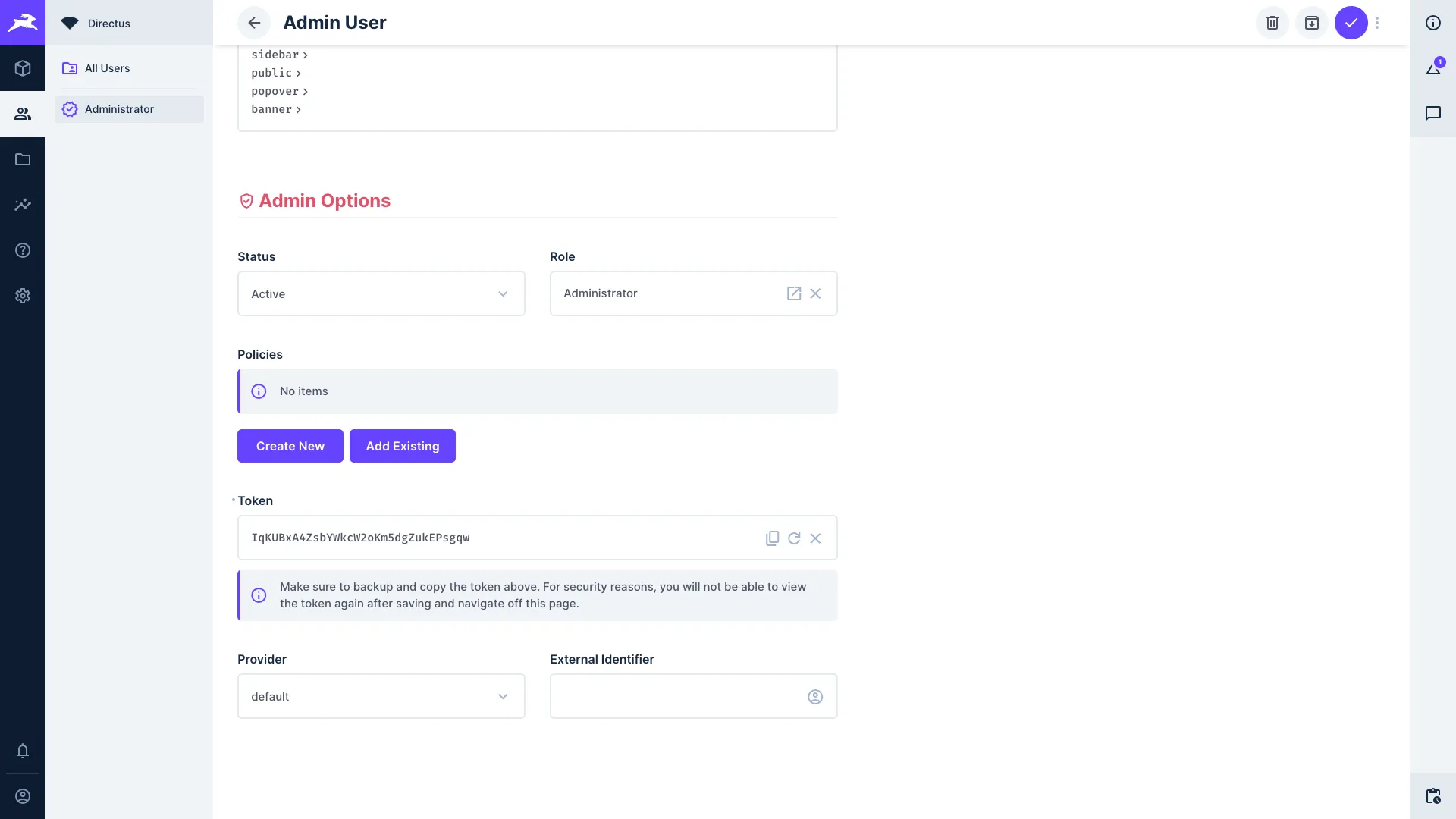 A user profile in the data studio with a newly-generated static token before saving. A notice reads "Make sure to backup and copy the token above. For security reasons, you will not be able to view the token again after saving and navigate off this page."