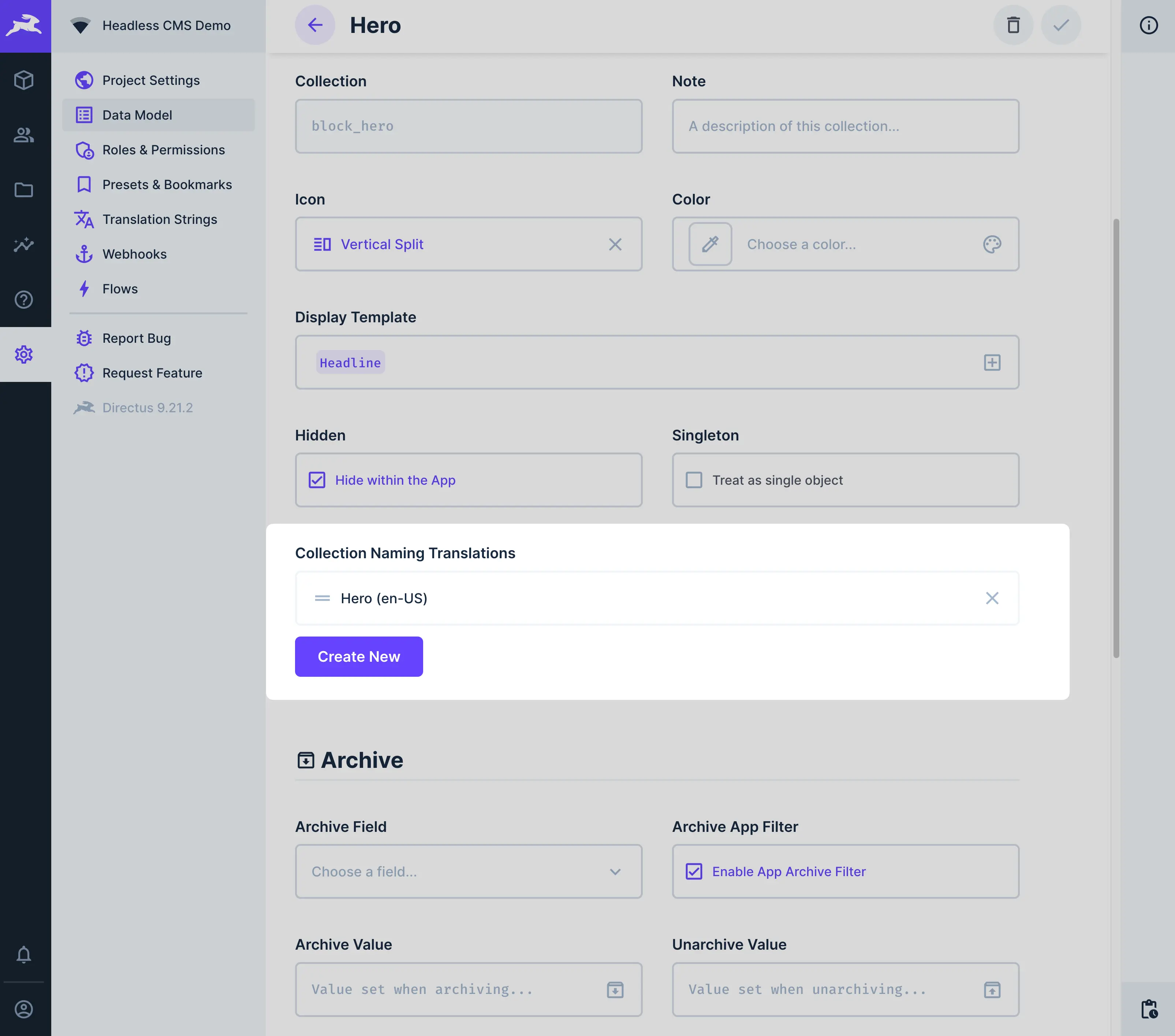 In the data model settings for the hero collection a section is highlighted. It reads "Collection naming translations" with a single item called "Hero".