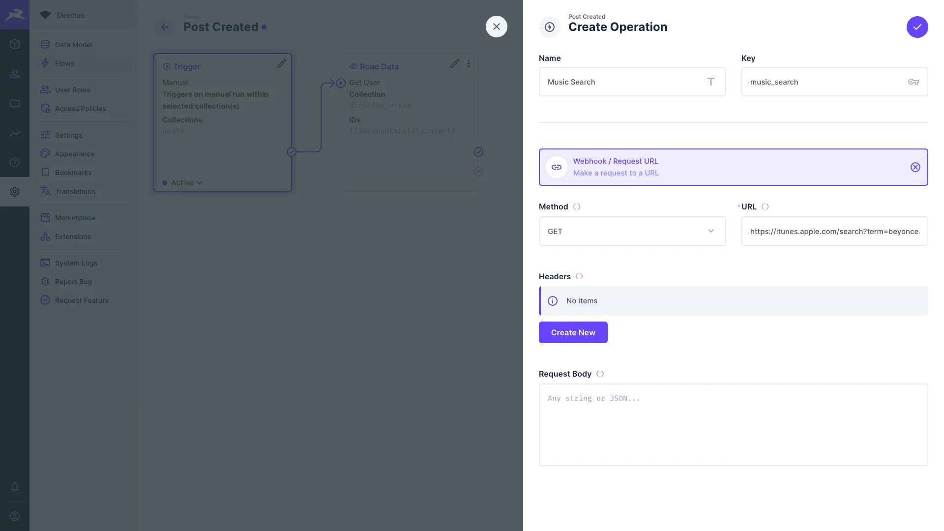 Webhook / Request URL operation configuration