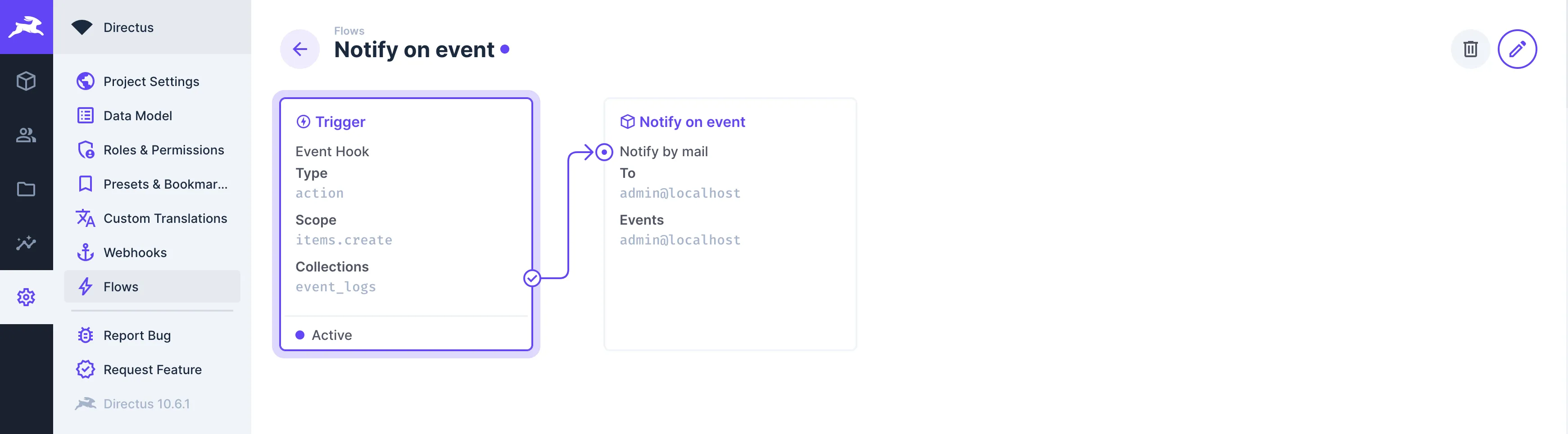 A Flow that listens on the create event_logs hook and sends out an email if an event with one of the given names was created