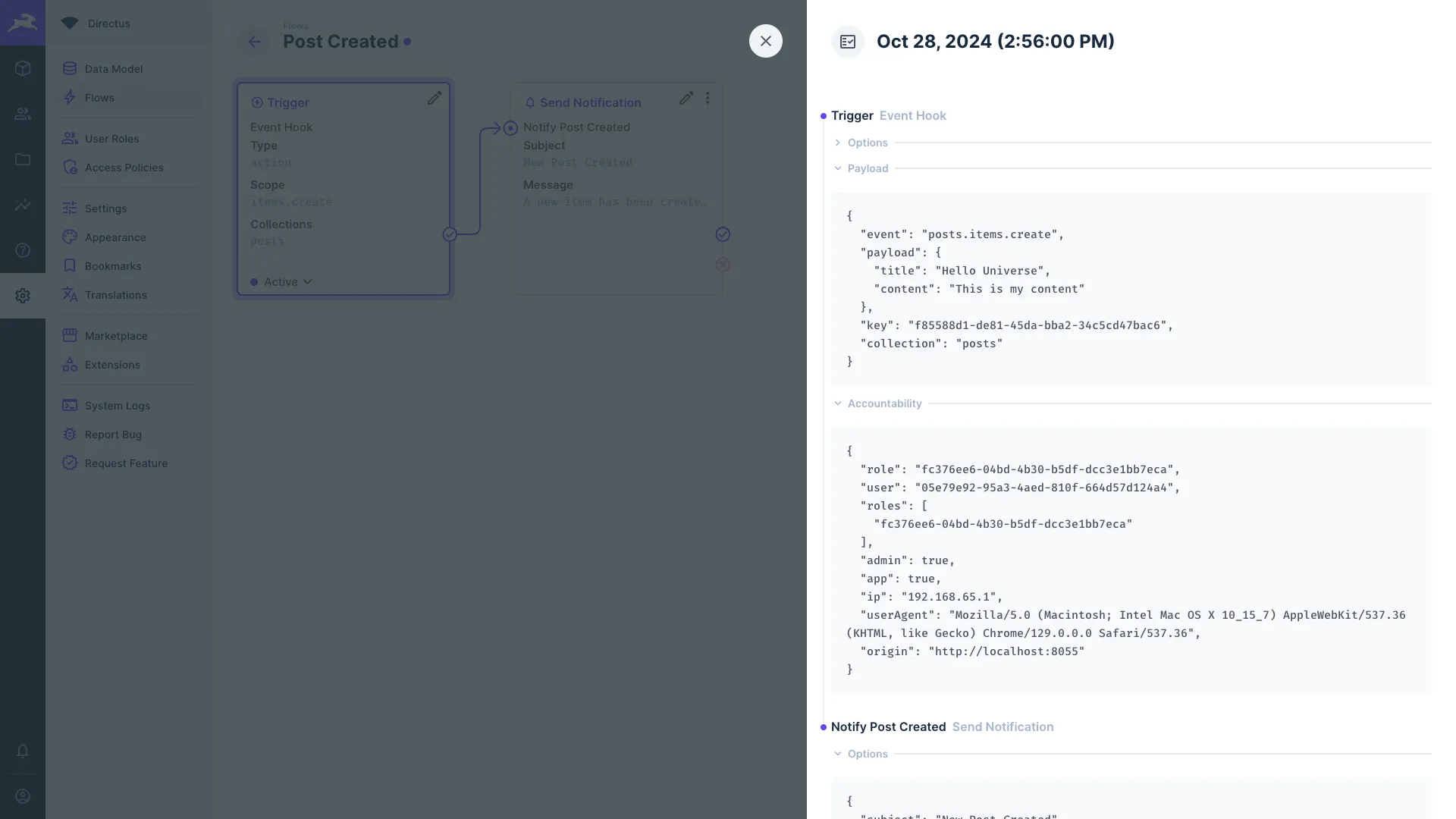 Logs from one flow execution. It shows the trigger payload and accountability, and the operation options and payload.