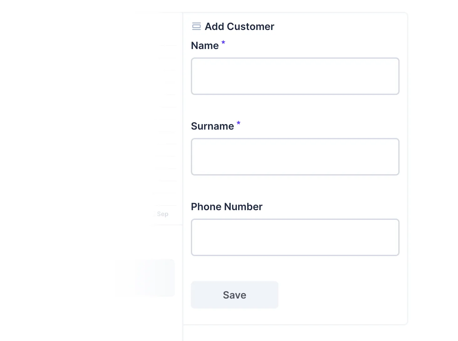 A panel shows a form called Add Customer. It has a name, surname, and phone number text input.