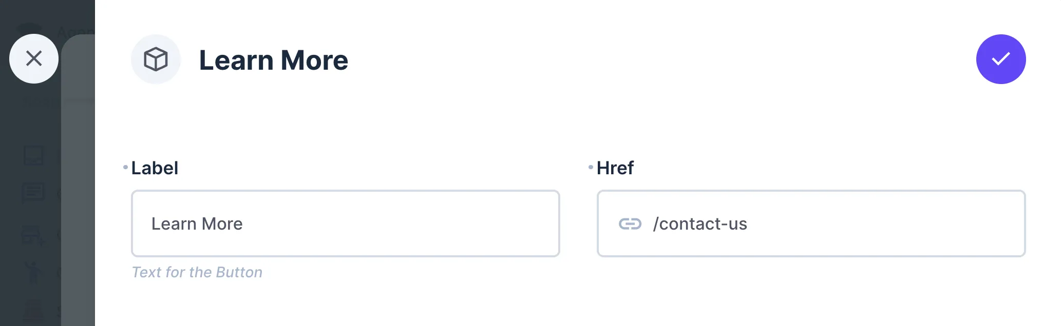 Screenshot of a form within Directus. Two fields are shown. Label and Href. The Href field value is a string /contact-us