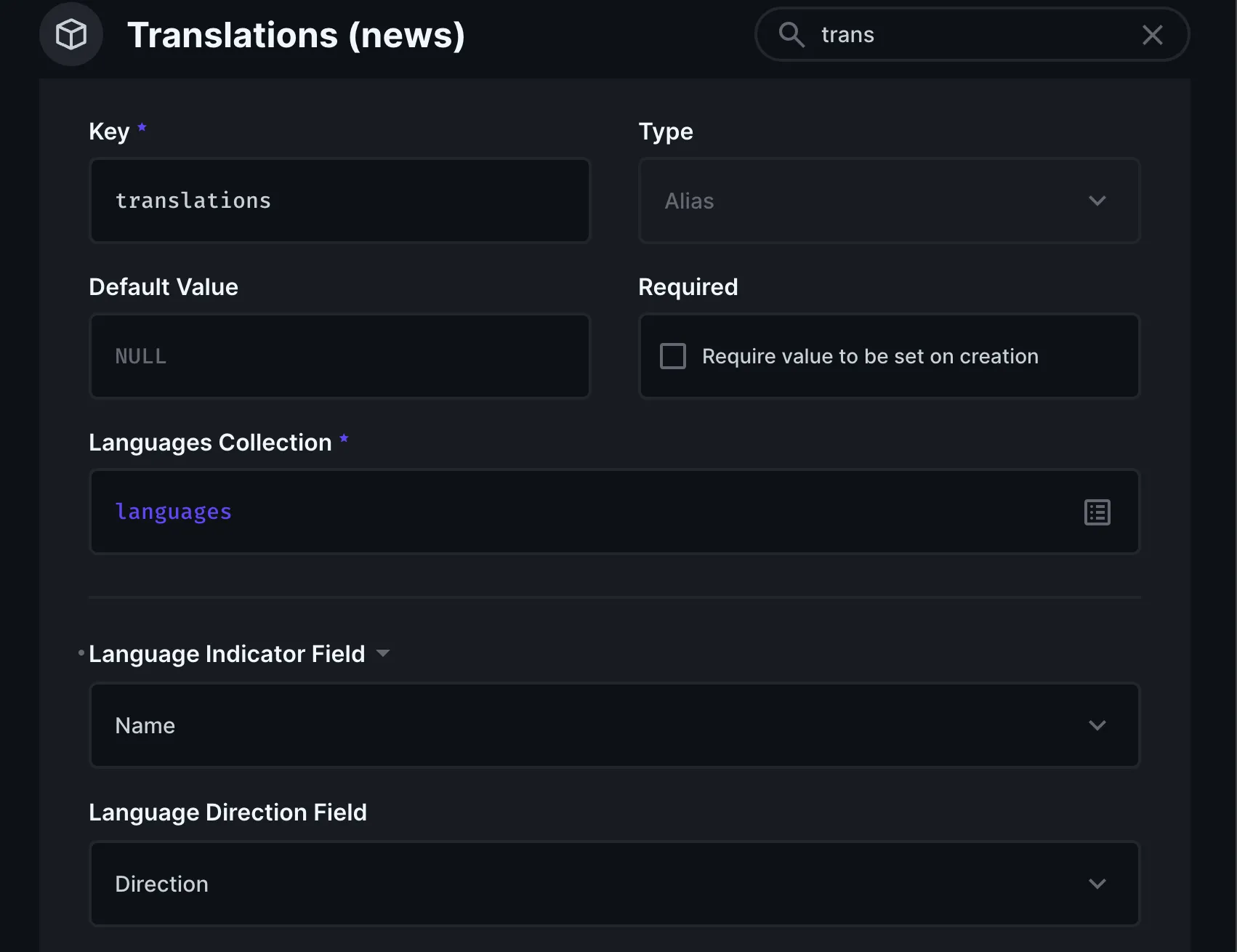 Creating Directus translations collection