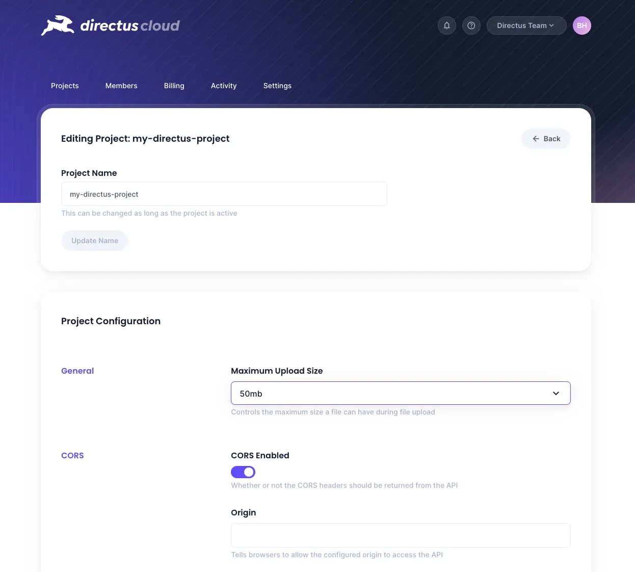 Cloud dashboard project configuration screen showing a number of configurable settings such as CORS and maximum file upload size.