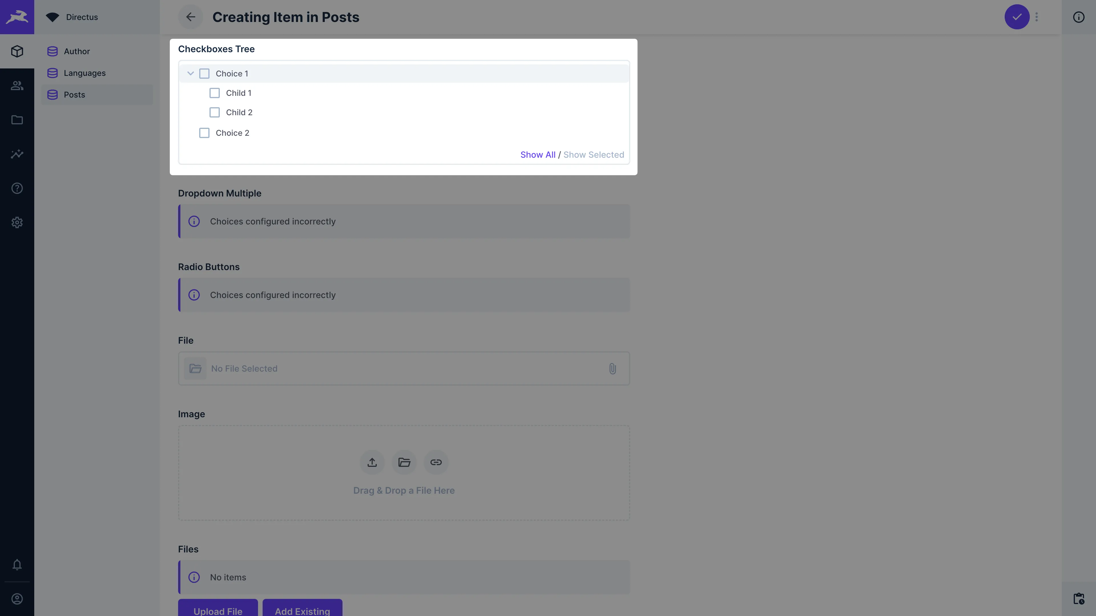 A form input with a nested tree of multiple parent and child checkboxes.