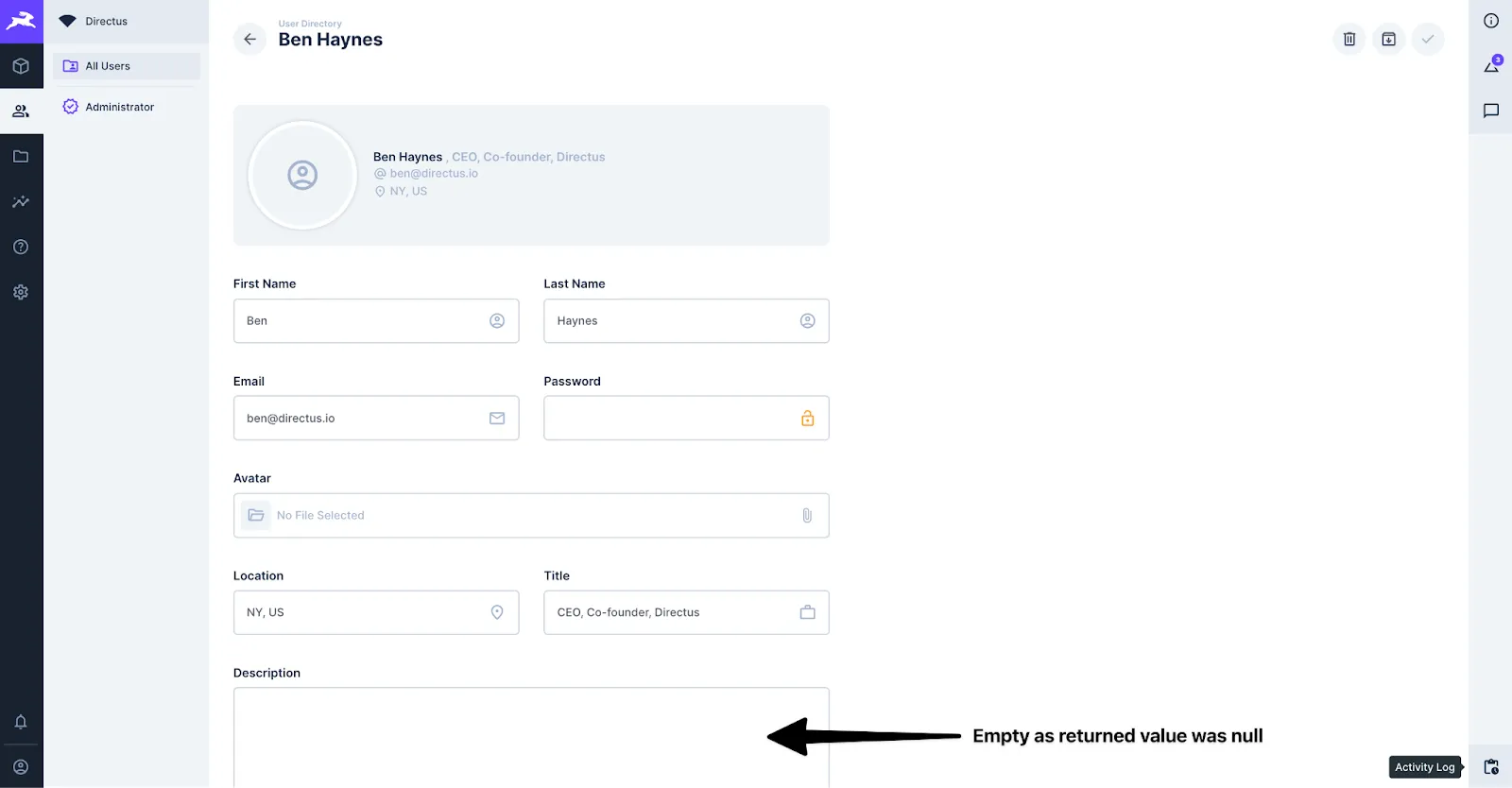 A user profile for Ben Haynes showing a Location and Title. The Description is empty with an annotation that reads 'Empty as returned value was null'.