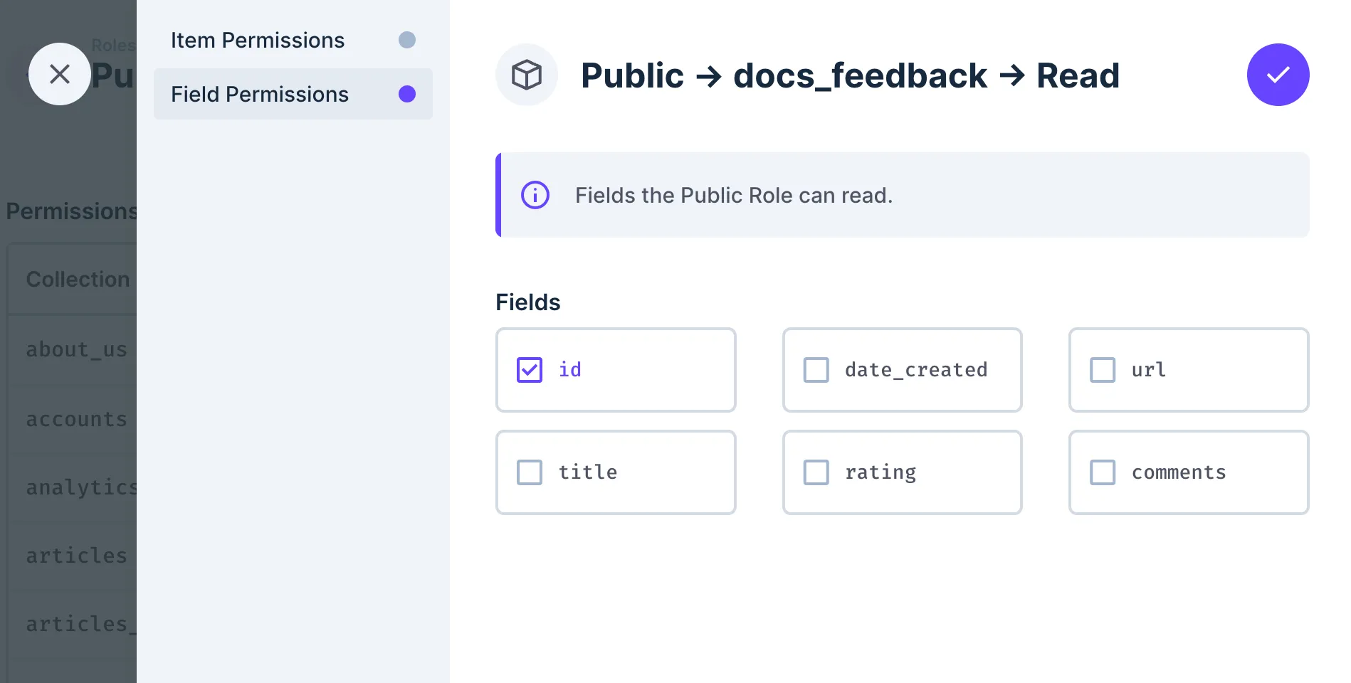 Custom permission settings screen for docs_feedback Read operation. List of fields with checkboxes but only the id field is checked.