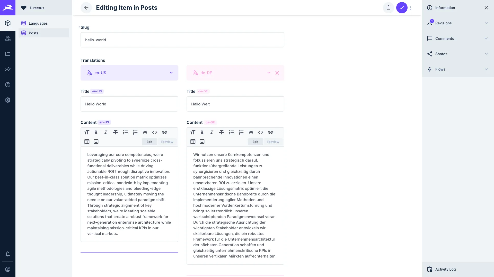 Translations interface showing text in American English and German.