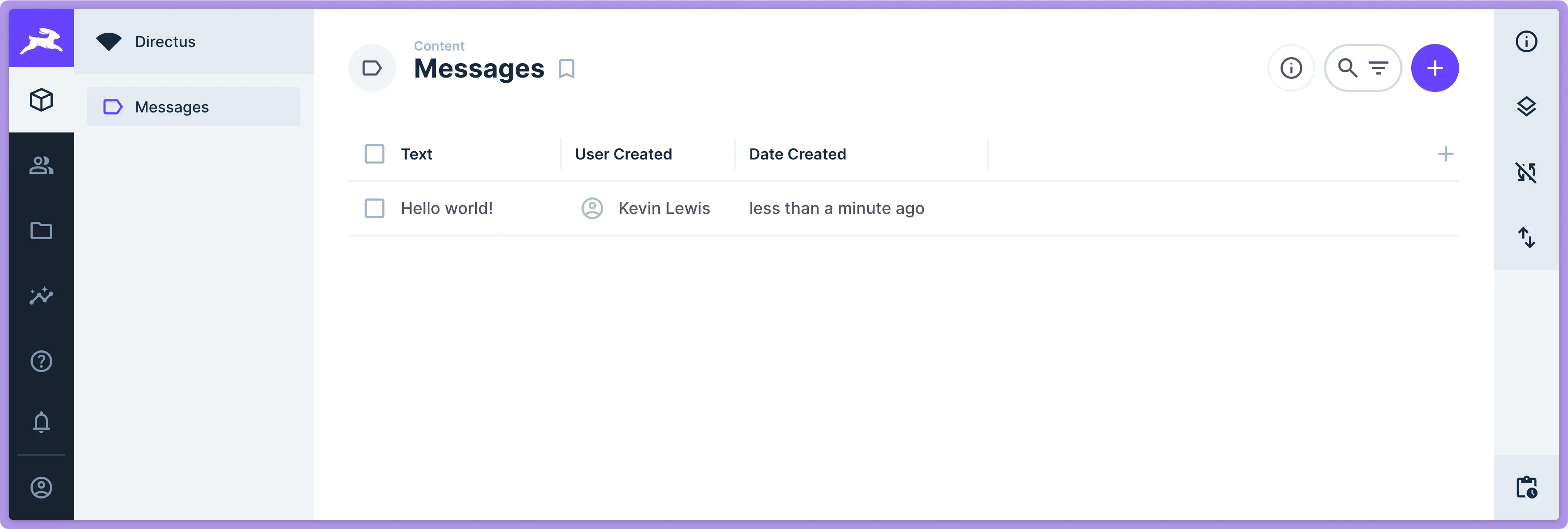 Directus Data Studio Content Module showing the Messages collection with one item in it. Visible is the text, User, and Date Created.