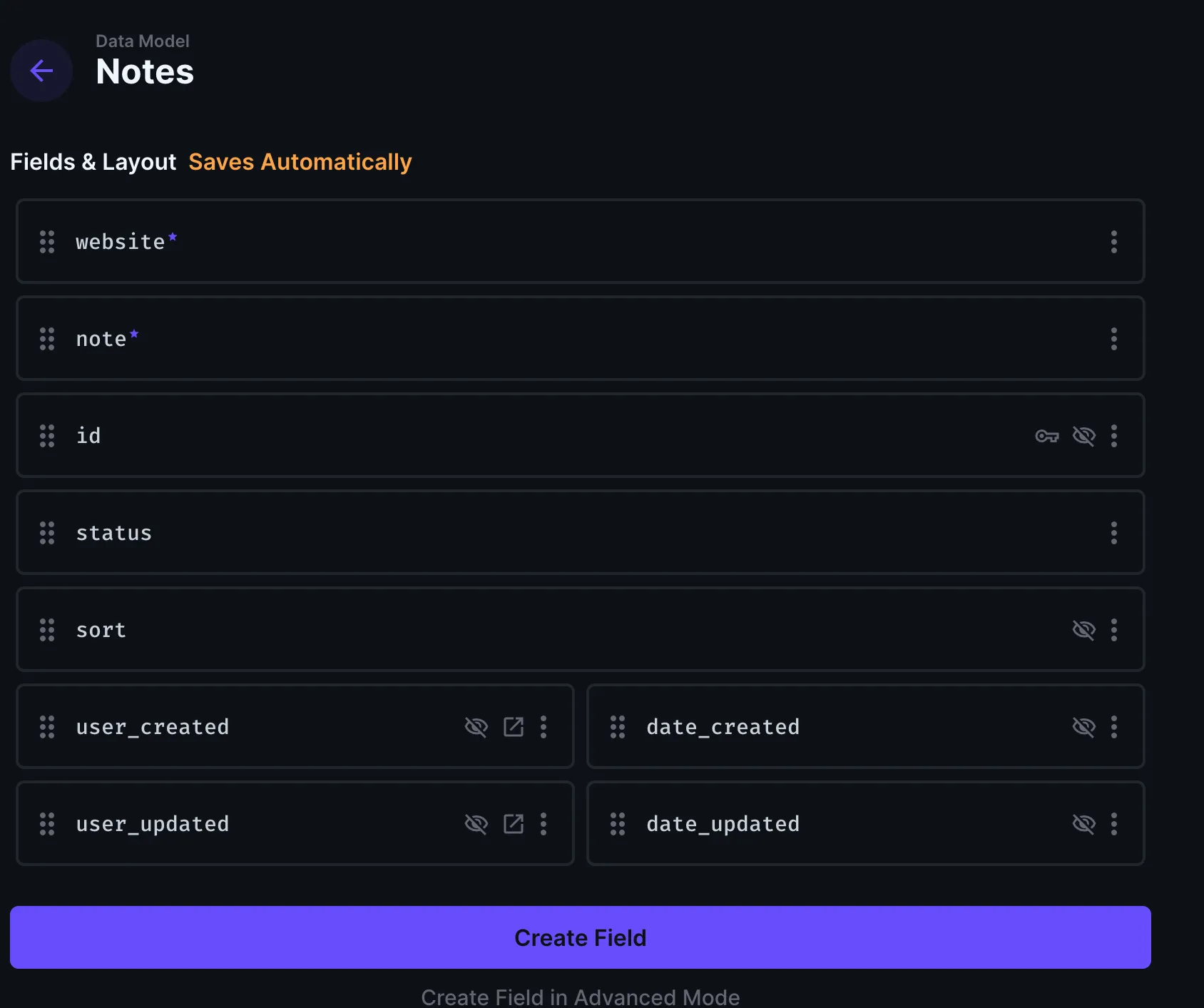 Notes Collection showing all optional fields and the website and note custom fields