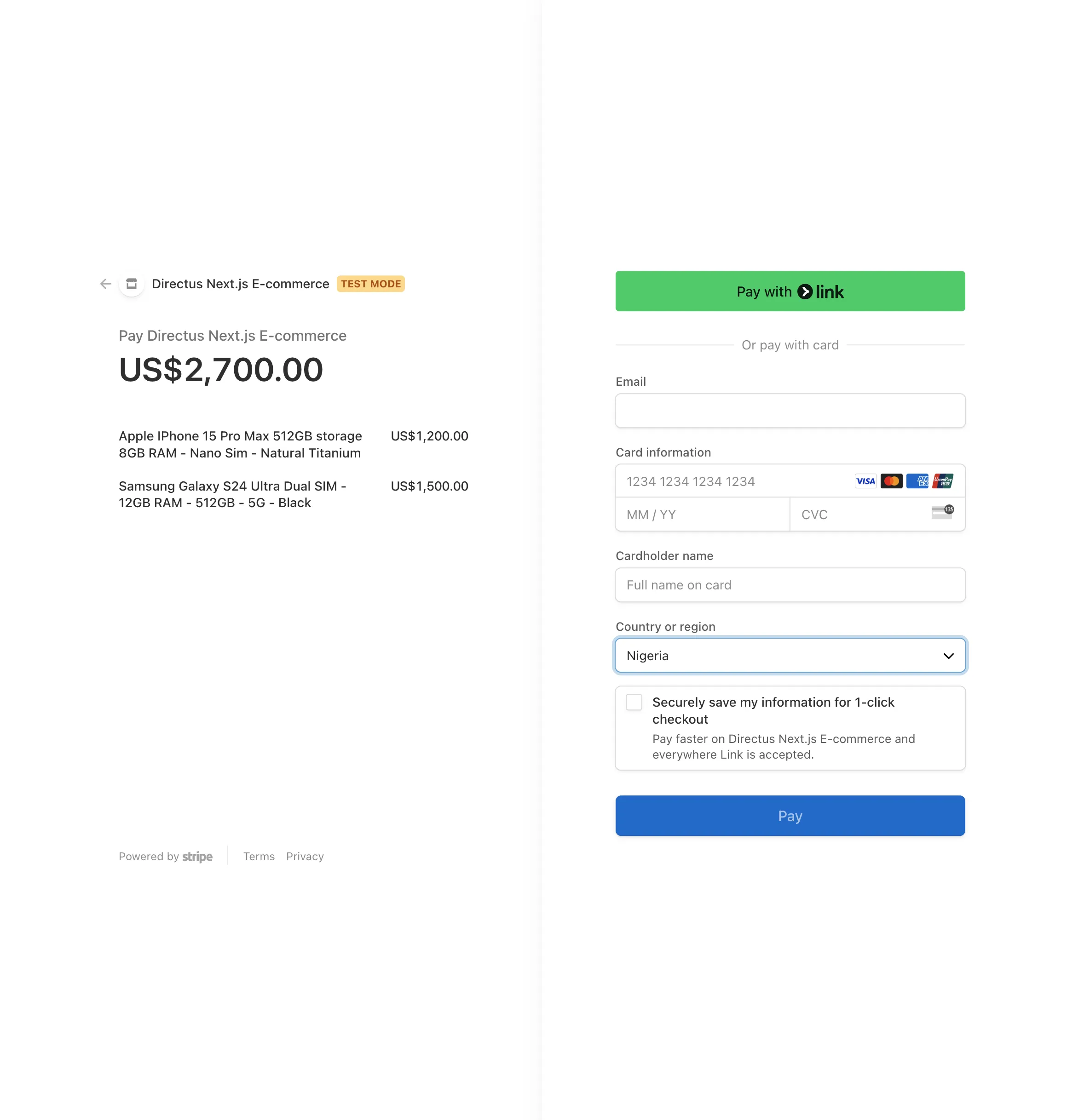 Stripe checkout page