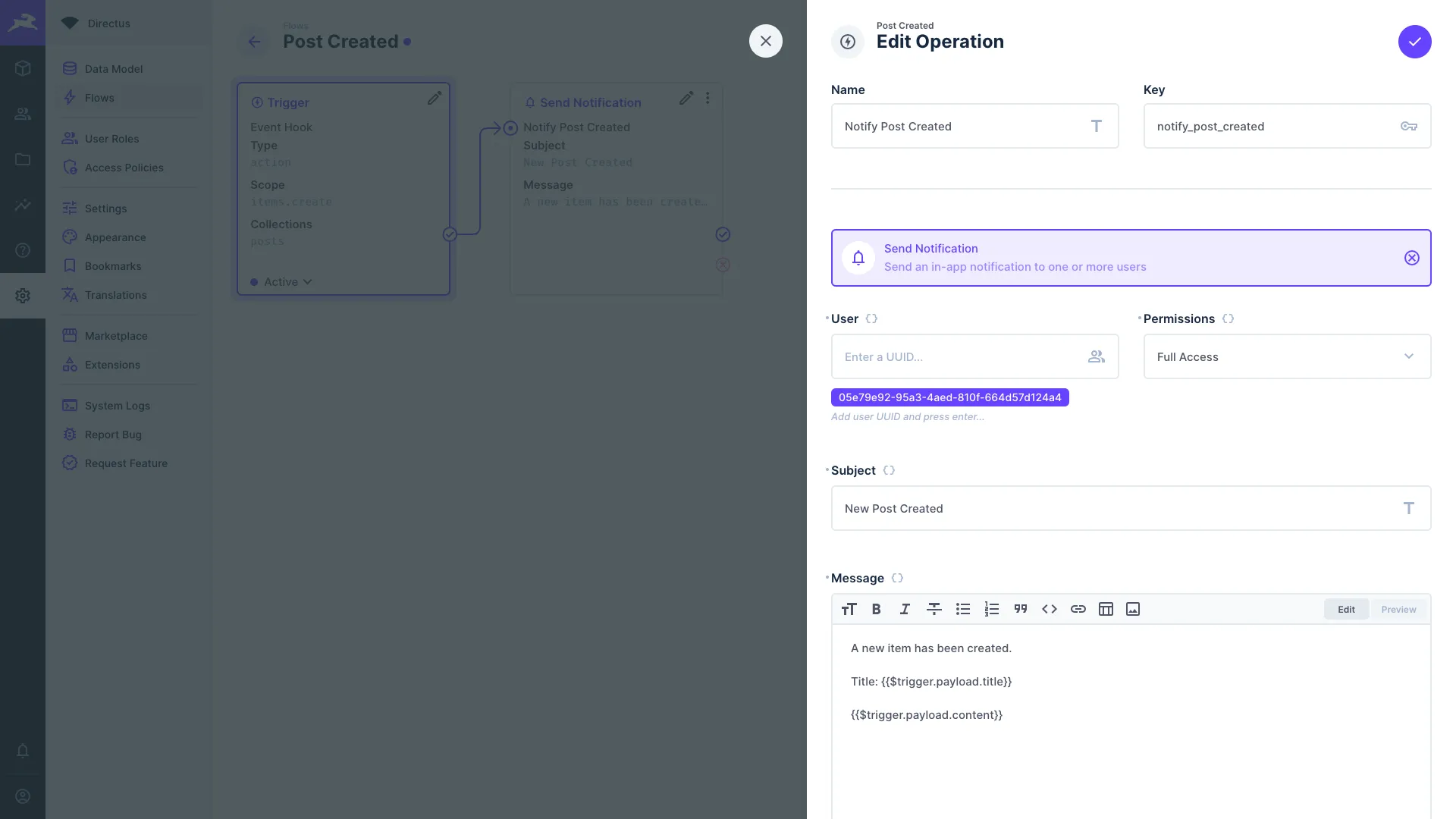 In the flow editor, the trigger connects to an operation. The operation configuration pane is open with a type of Send Notification.