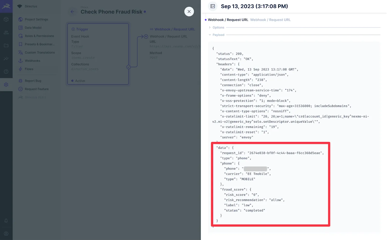 Sidebar open with the Webhook / Request URL Payload expanded. A large object is shown with a data object containing a fraud_score object.