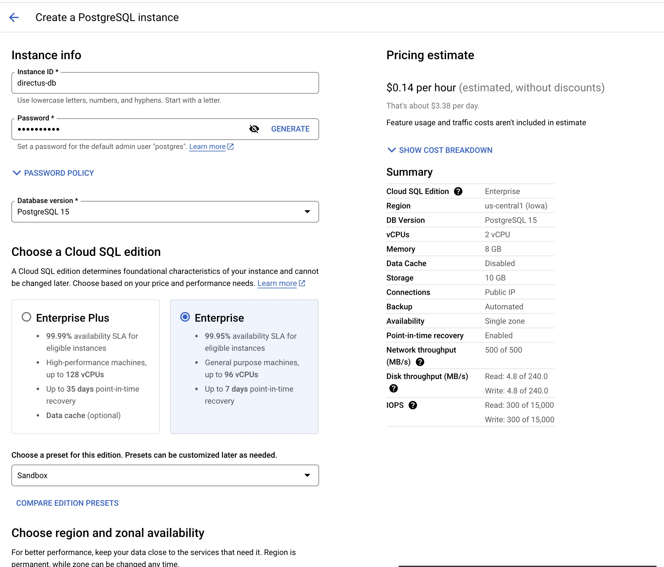 Screenshot of a Cloud SQL creation page