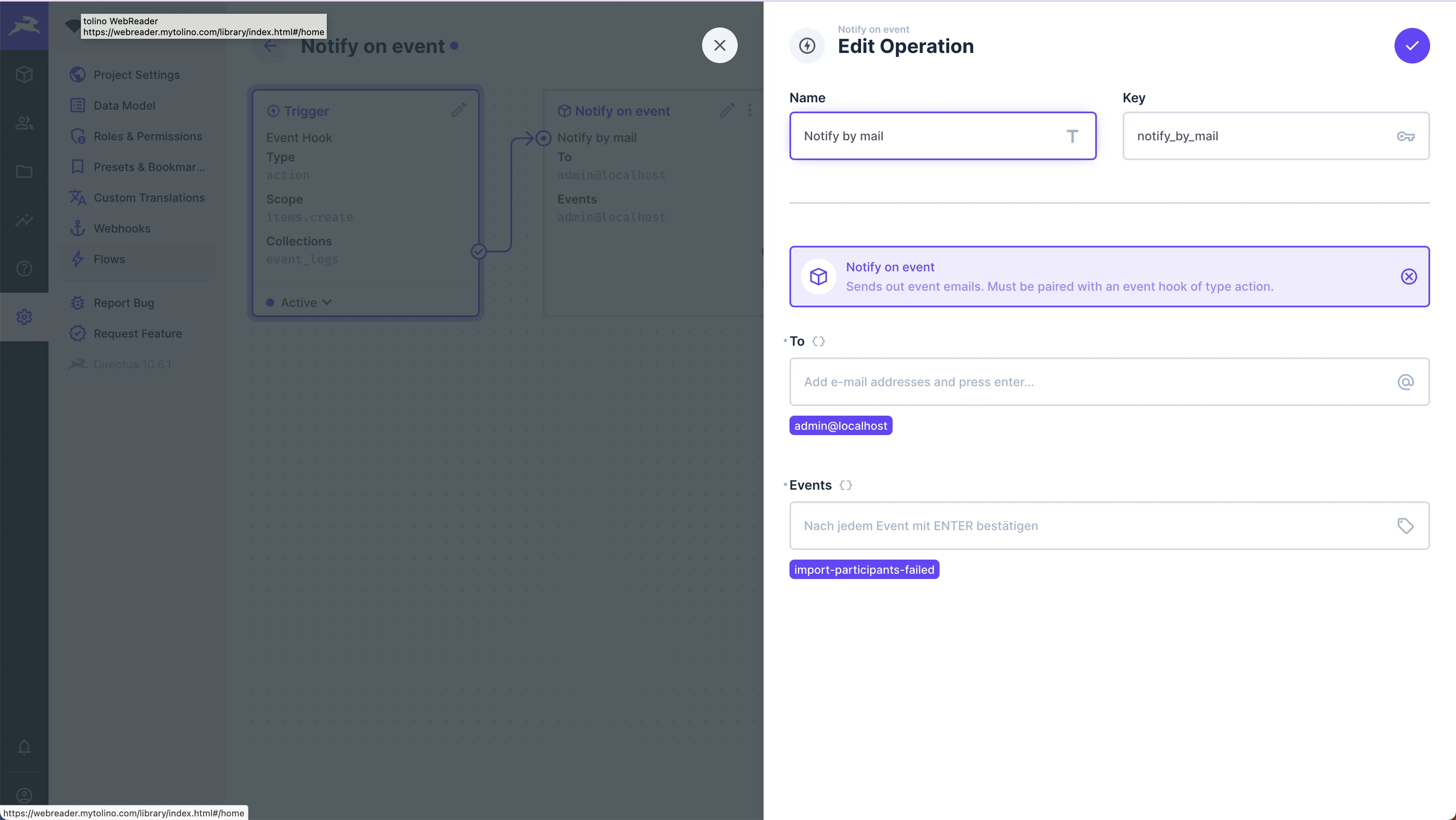 Settings of the operation notify_by_mail. Input field "To" takes a list of e-mail addresses; input field "Events" takes a list of event names. Only specified events are sent out by mail