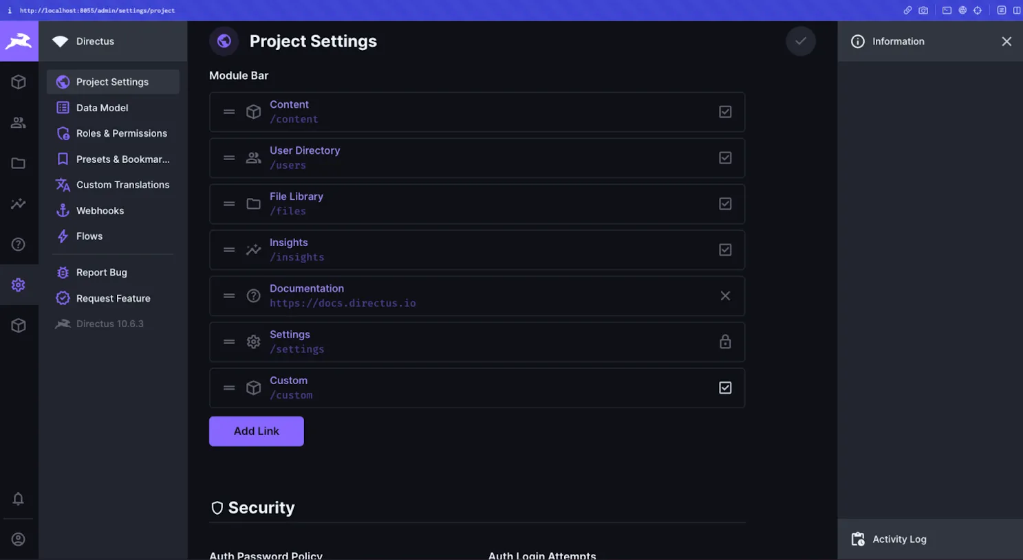 The Directus Project Setting showing the new custom module checkbox is enabled