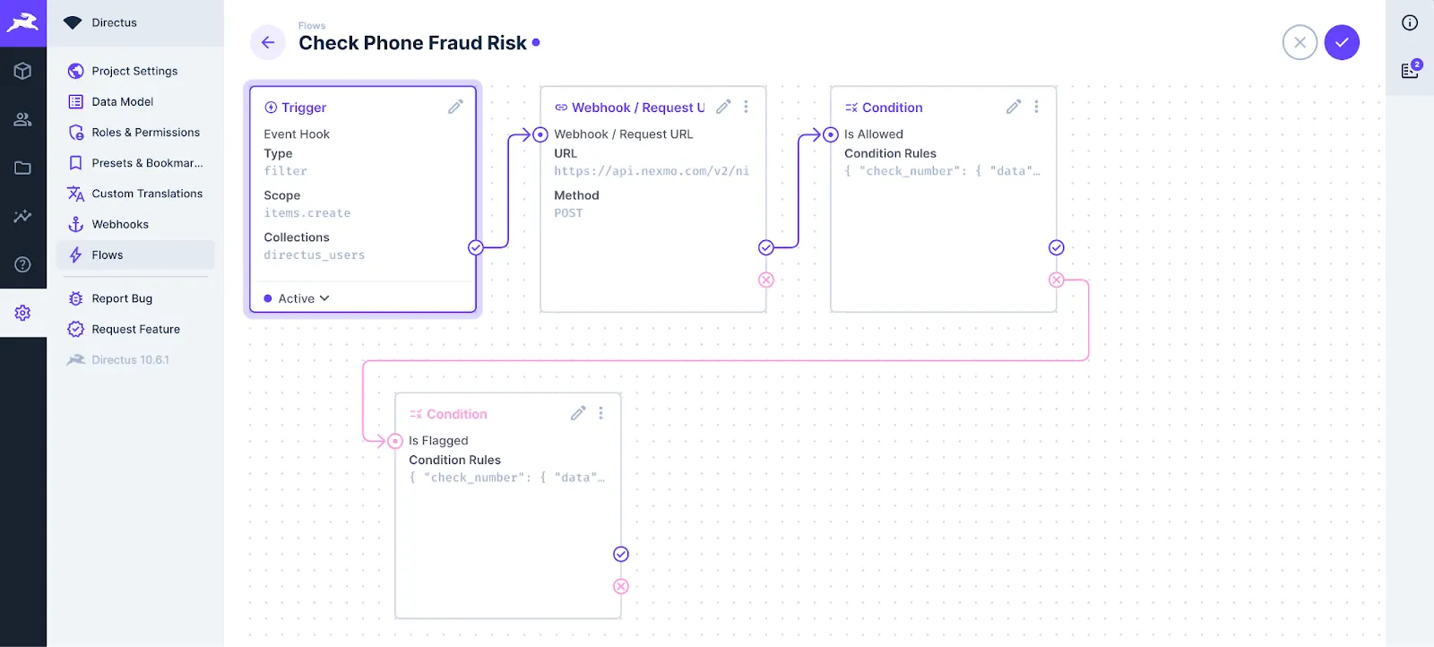 A flow has one trigger and three operations. The first operation makes a request to a Vonage API. The second is a conditional called Is Allowed, and from the reject path, another conditional called Is Flagged.