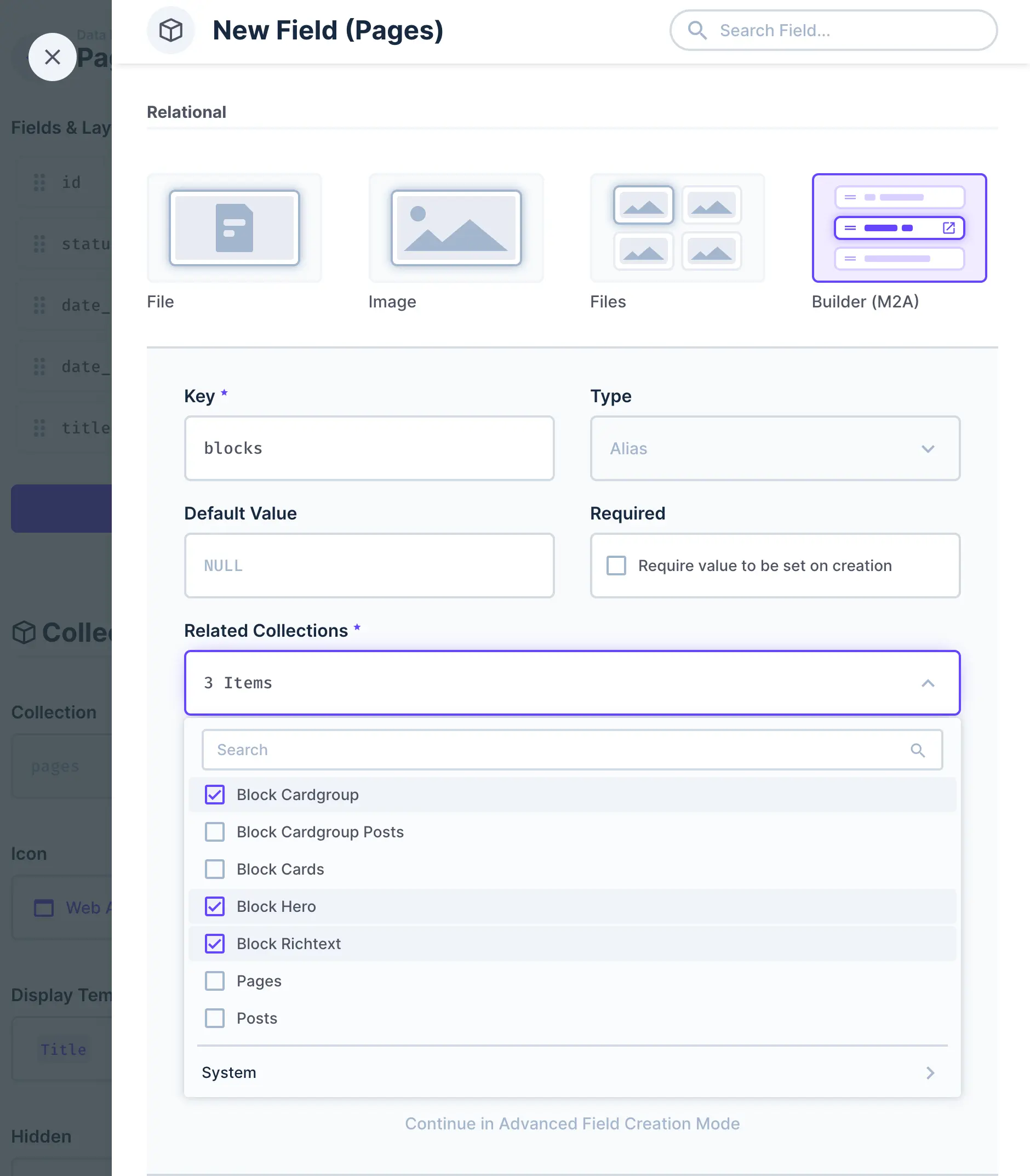 In the data model settings for the pages collection, a new Many-To-Any relationship is being created. The key is named blocks. There are 3 related collections selected - Block Cardgroup, Block Hero, and Block Rich text.