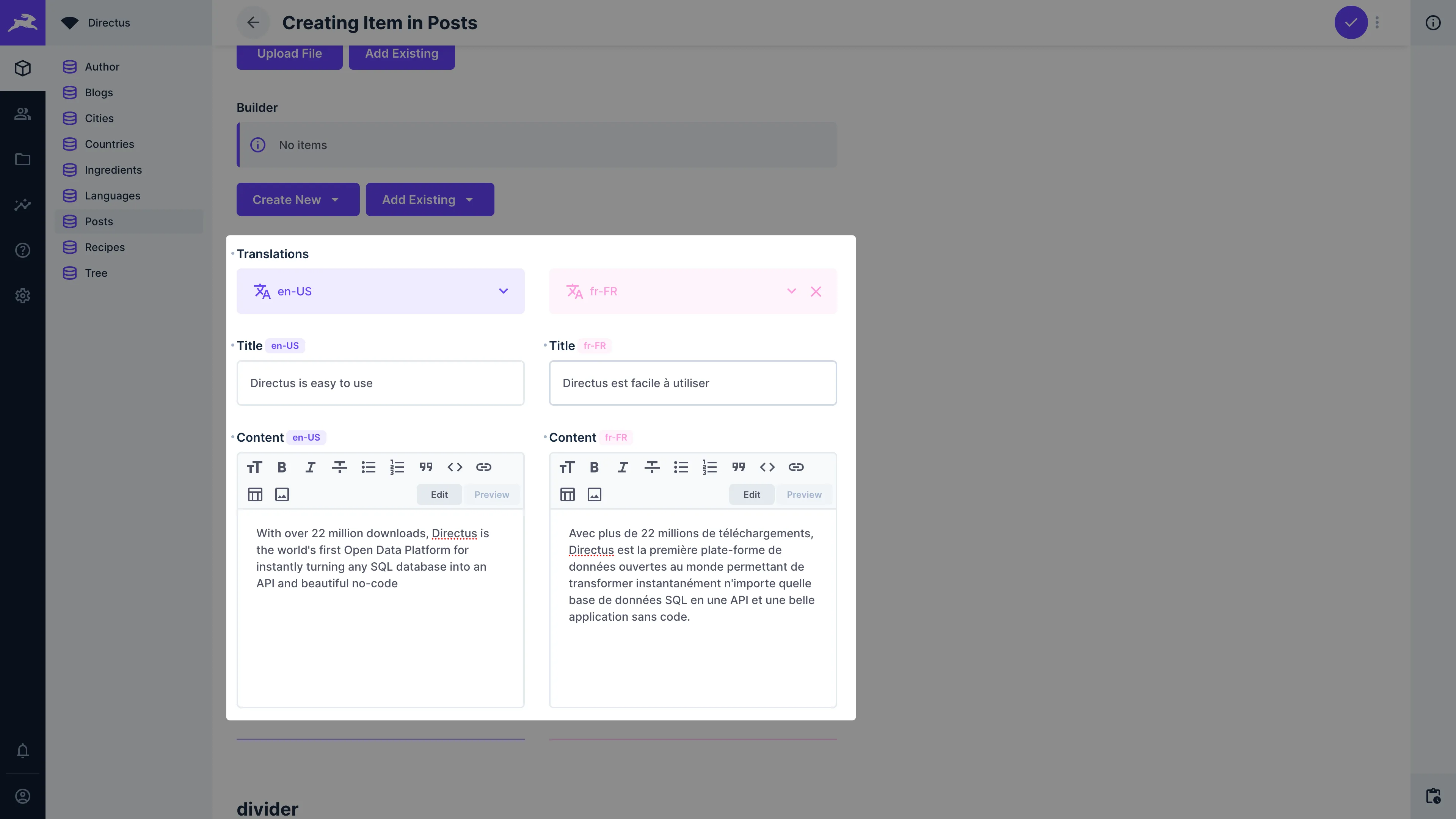 A form interface with two columns and two fields per column - "Title" and "Content". One column contains the English translation for each field. Second column contains the French translation for each field.