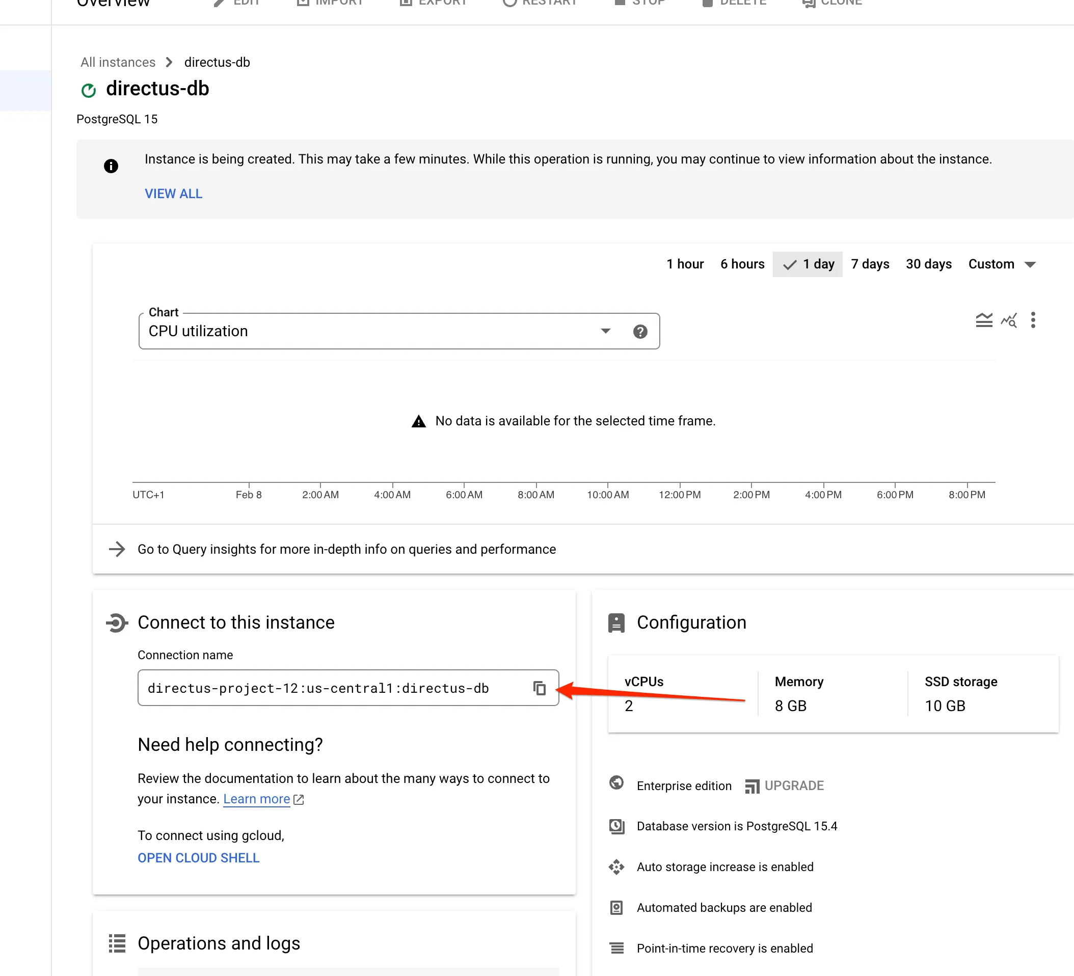 A PostgreSQL database instance details page. Highlighted is the connection name under the Connect to this instance header