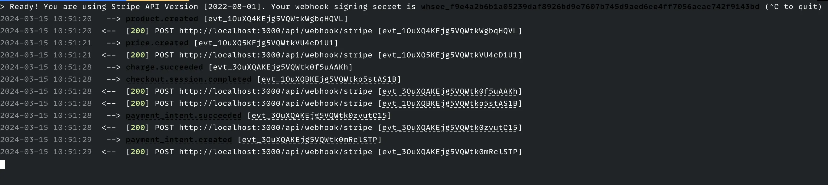 Screenshot of the Stripe webhook logs