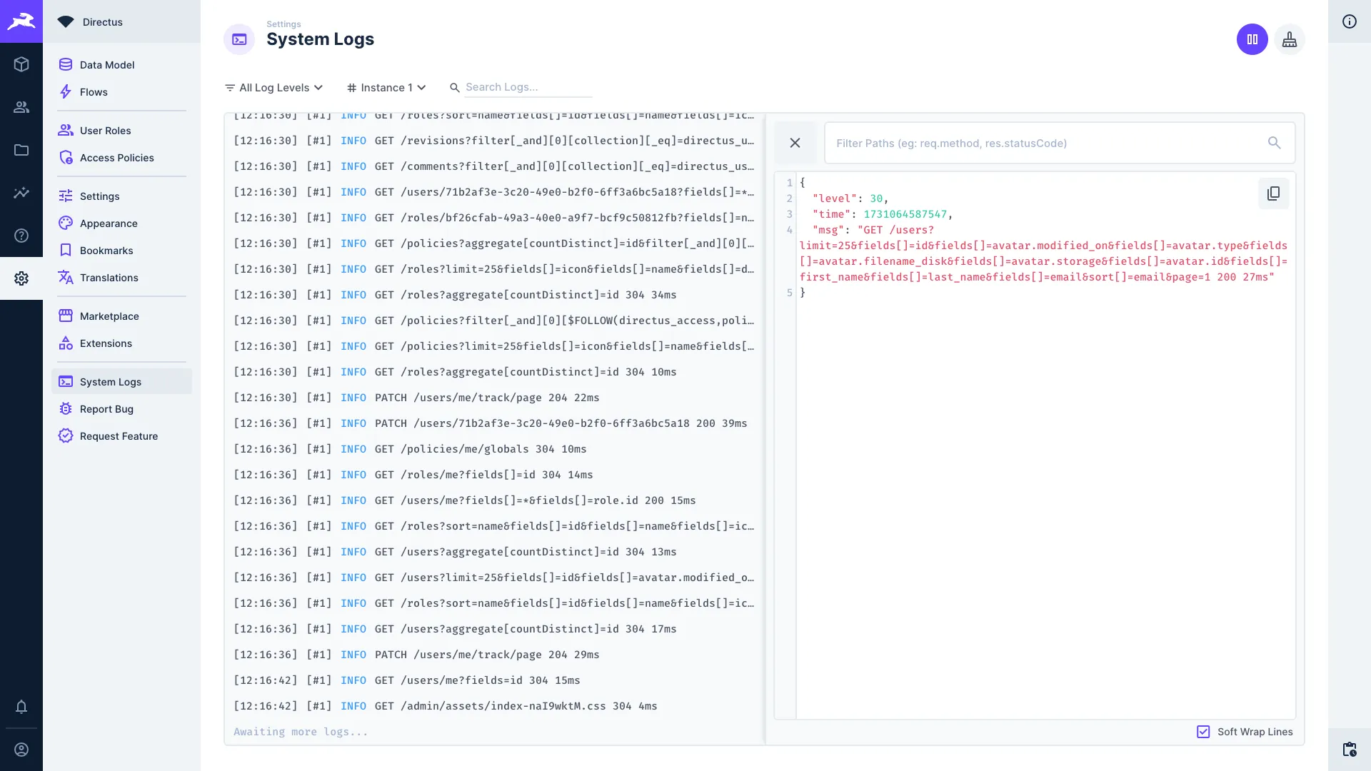 System Logs page with two panes - on the left a set of API calls, on the right the detailed logs for a single selected request.