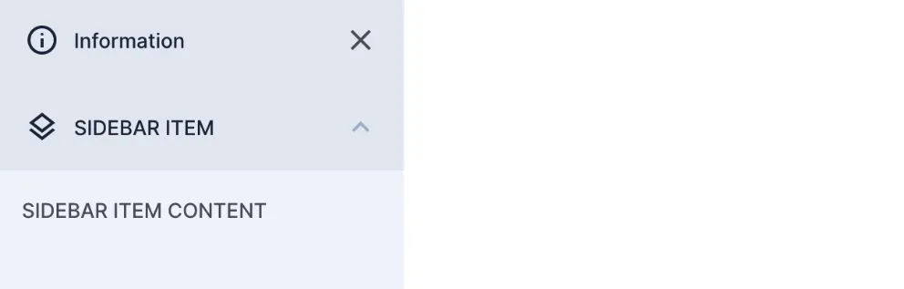 Sidebar shows a title called Information with a close button, and a collapsible section called Sidebar Item with text inside of it.