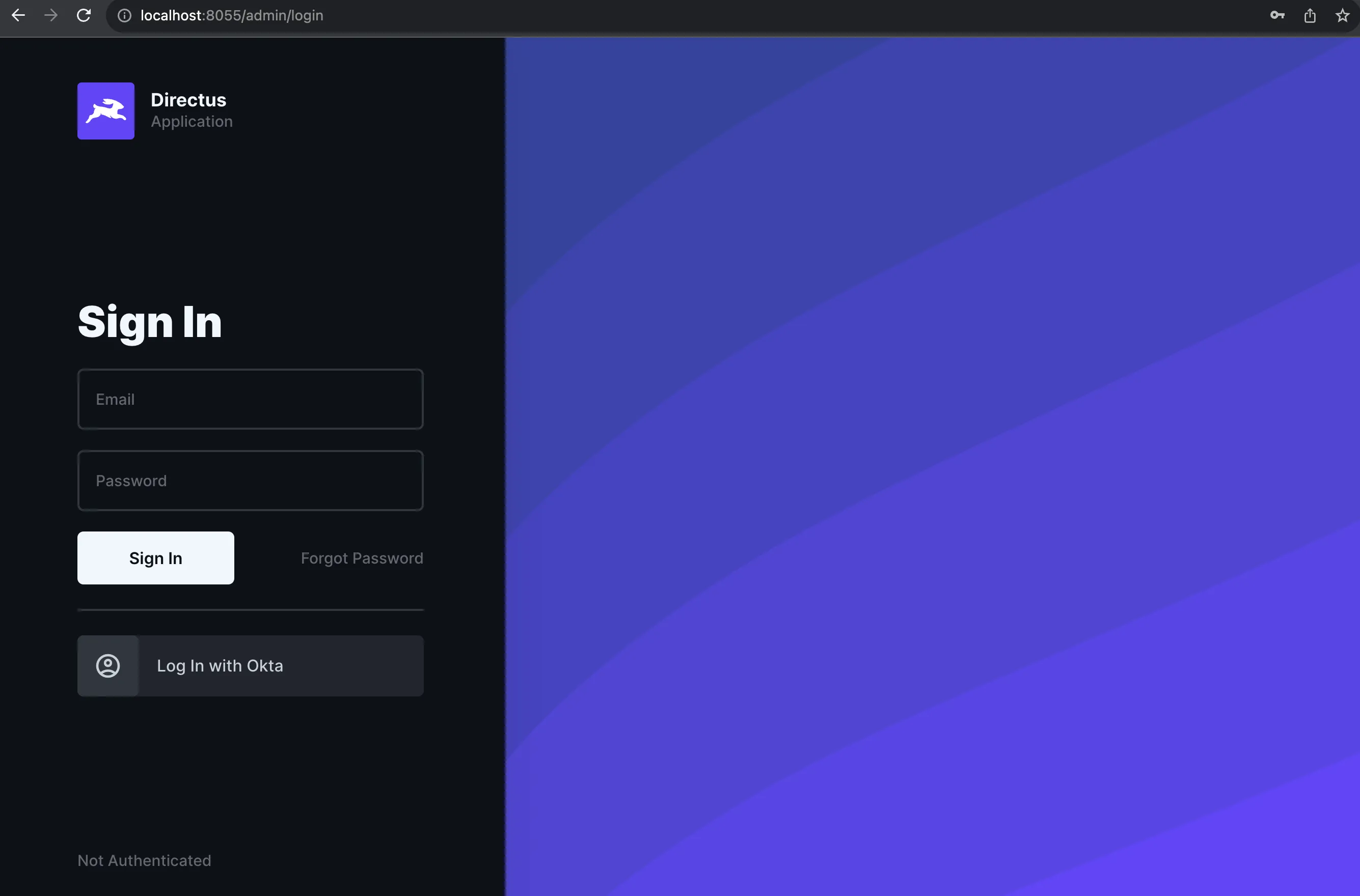 Directus login screen with Log In with Okta button