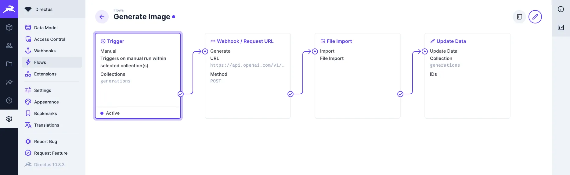 Flow with a manual trigger and three operations - generate image, import image, and update data