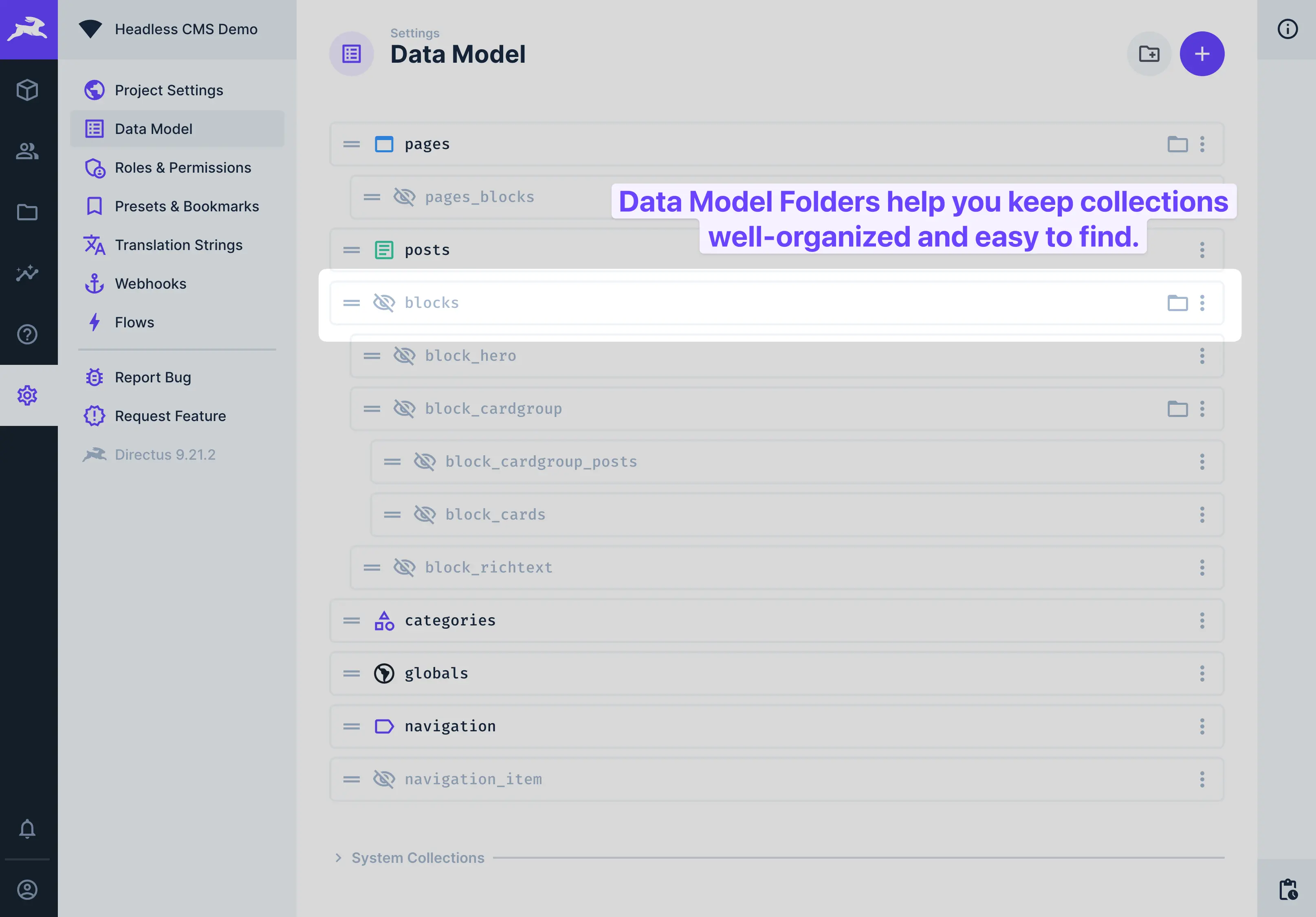 In the data model settings, a folder is highlighted. It is named blocks. There is a caption that reads "Data Model Folders help you keep collections well-organized and easy to find."