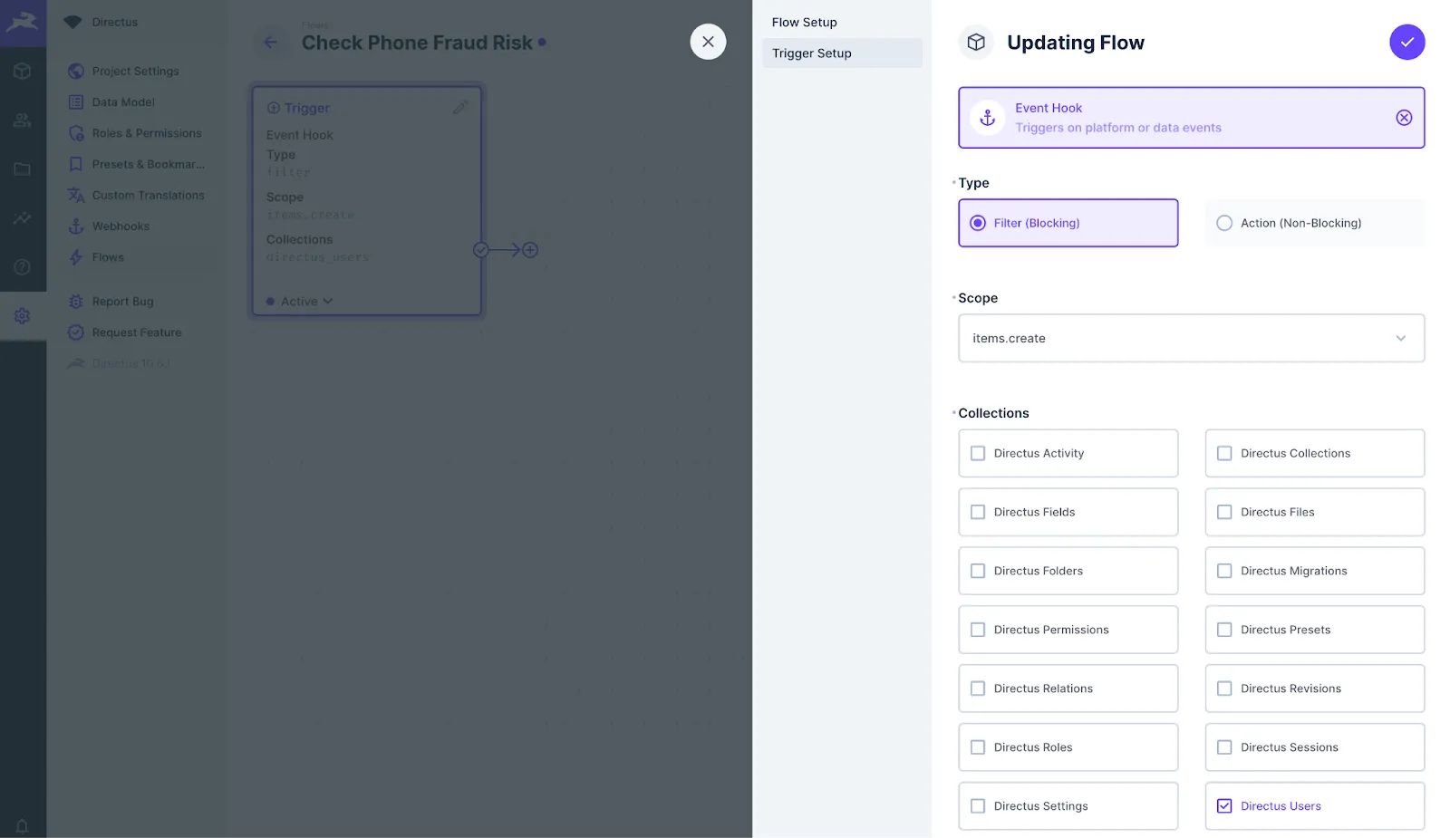 A Flow showing the Event Hook trigger with a Filter/Blocking type, items dot create scope, and only the Directus Users collection checked. 