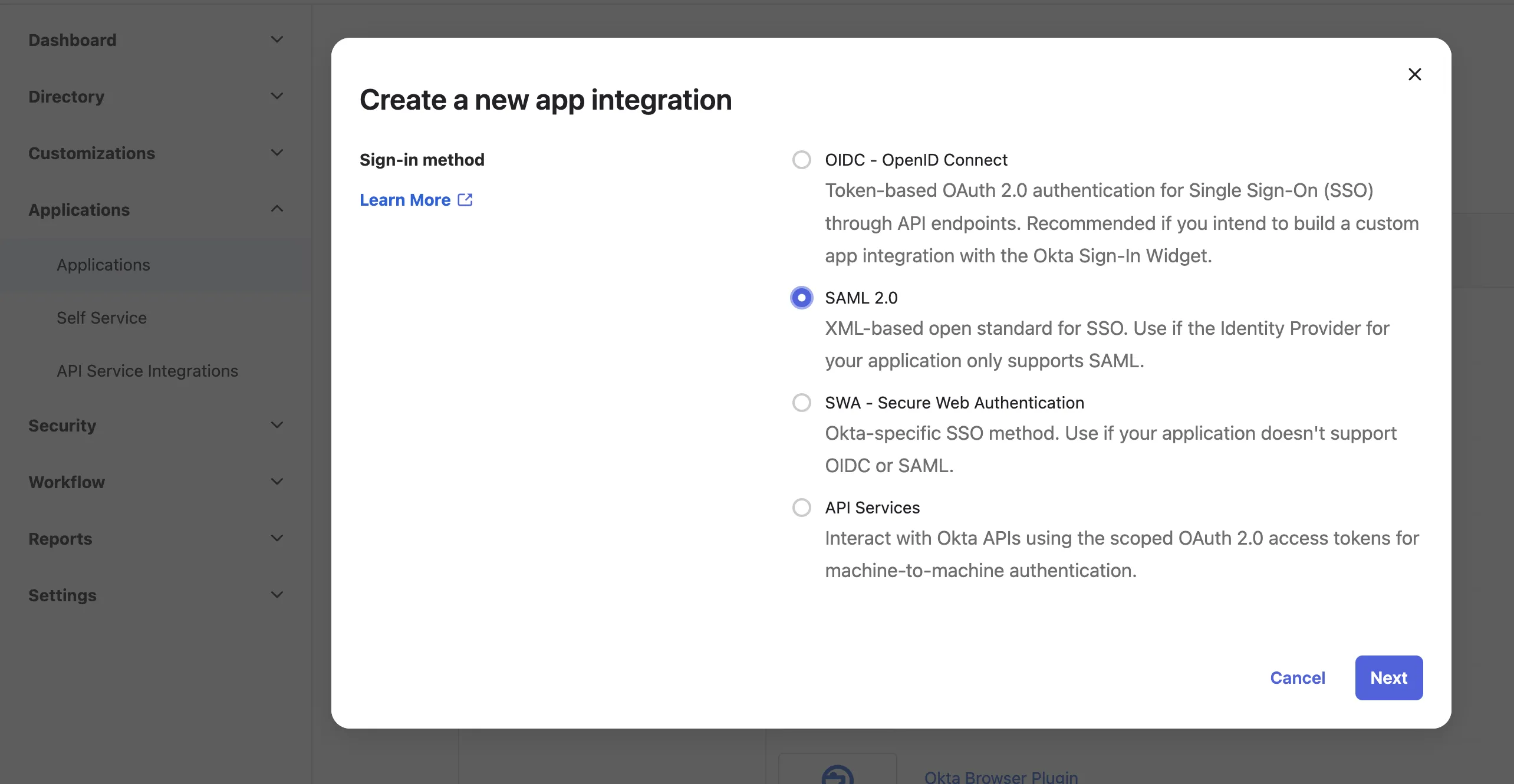 Selecting a sign-in method - SAML 2.0