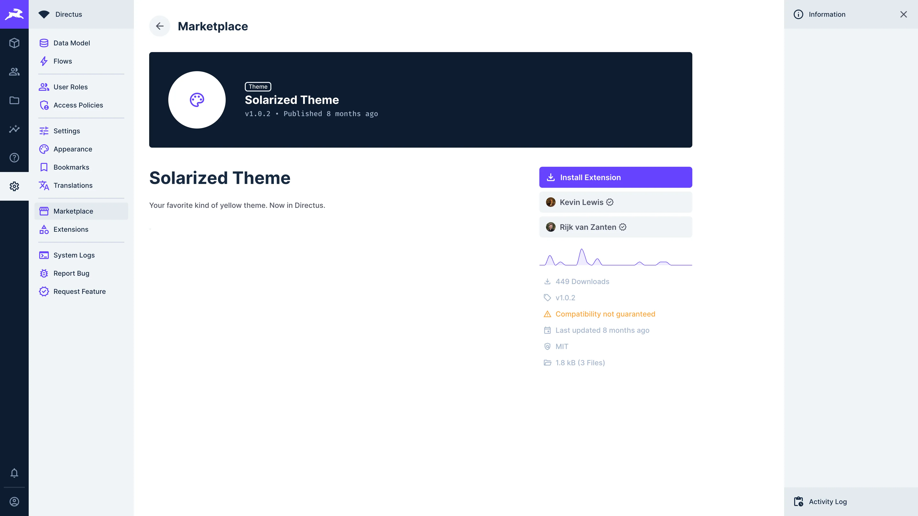 An extension page showing the key metadata from the home, as well as a readme with a screenshot, install button, and a popularity graph.