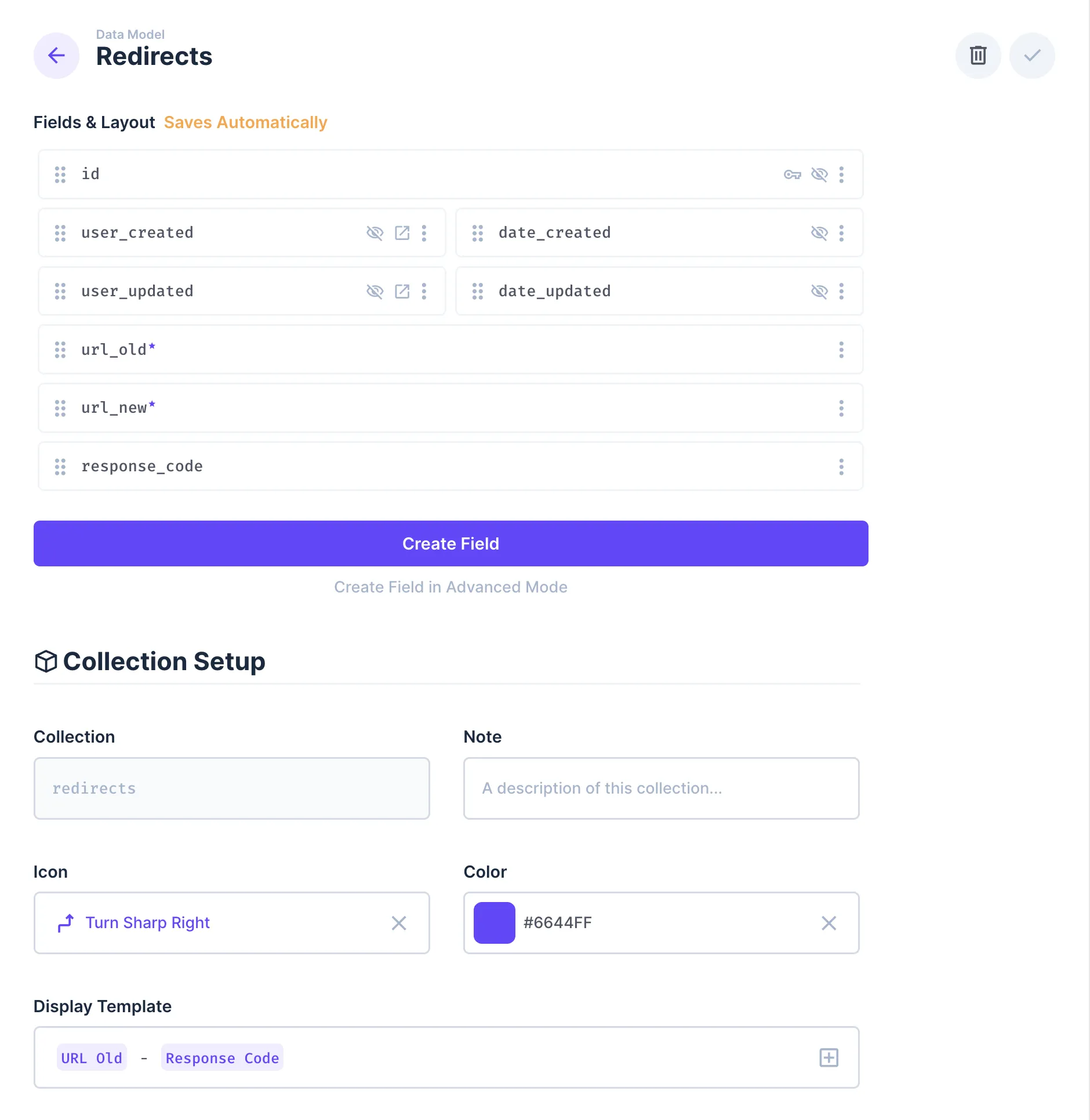 Screenshot of the Redirects collection data model within Directus settings. Fields included in the data model are url_old, url_new, and response_code.