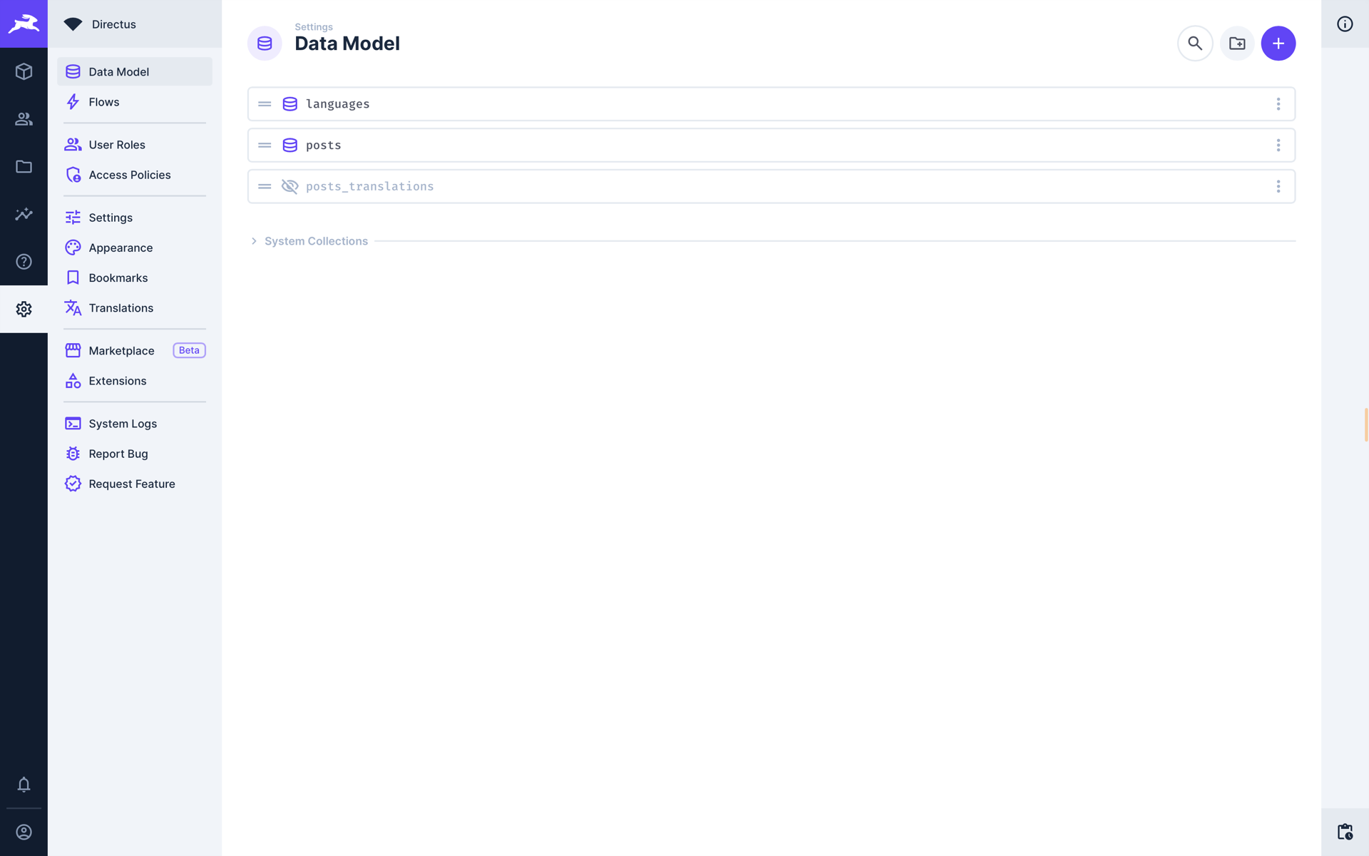 Data model showing the posts_translations and languages collections