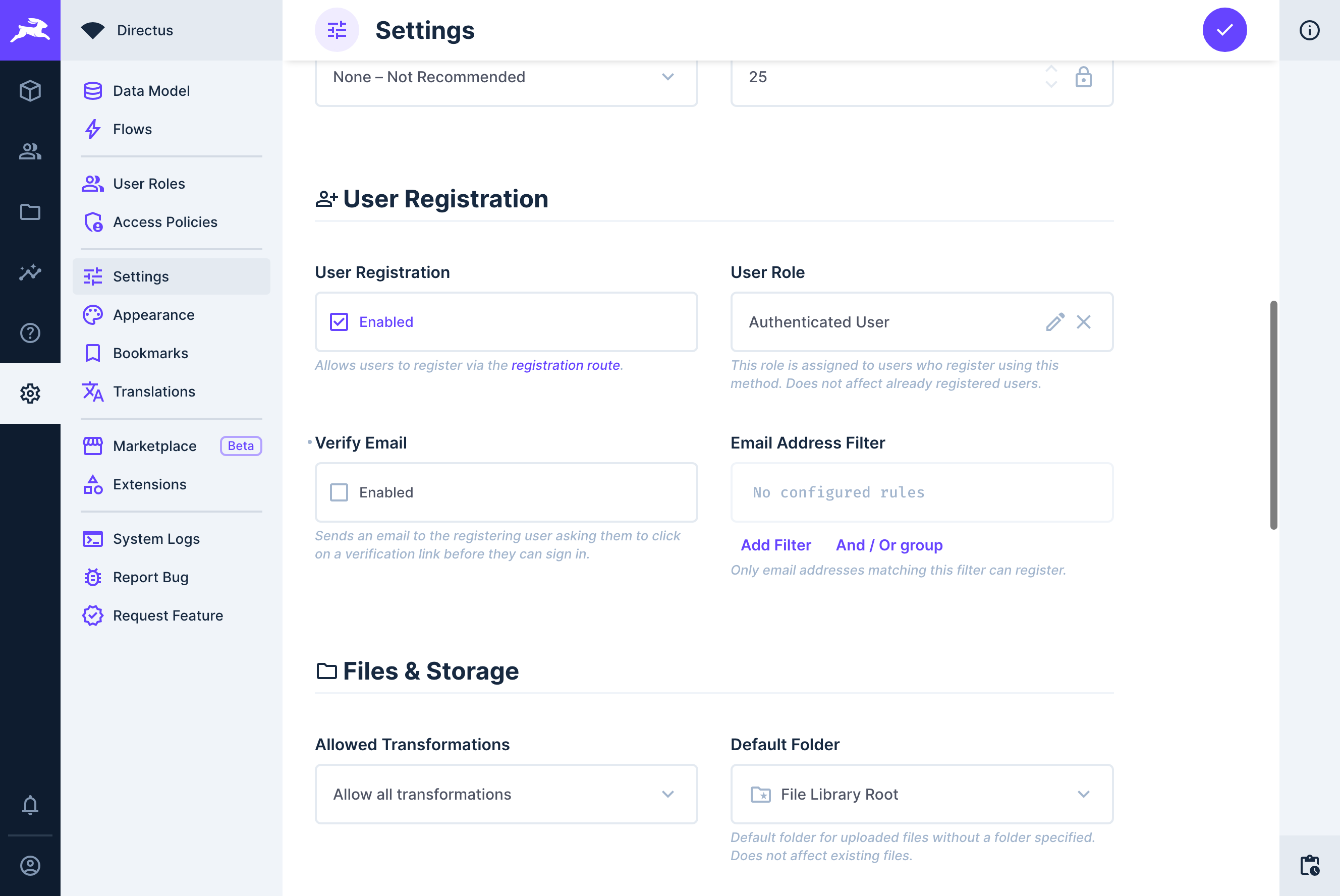 Directus User Registration Settings