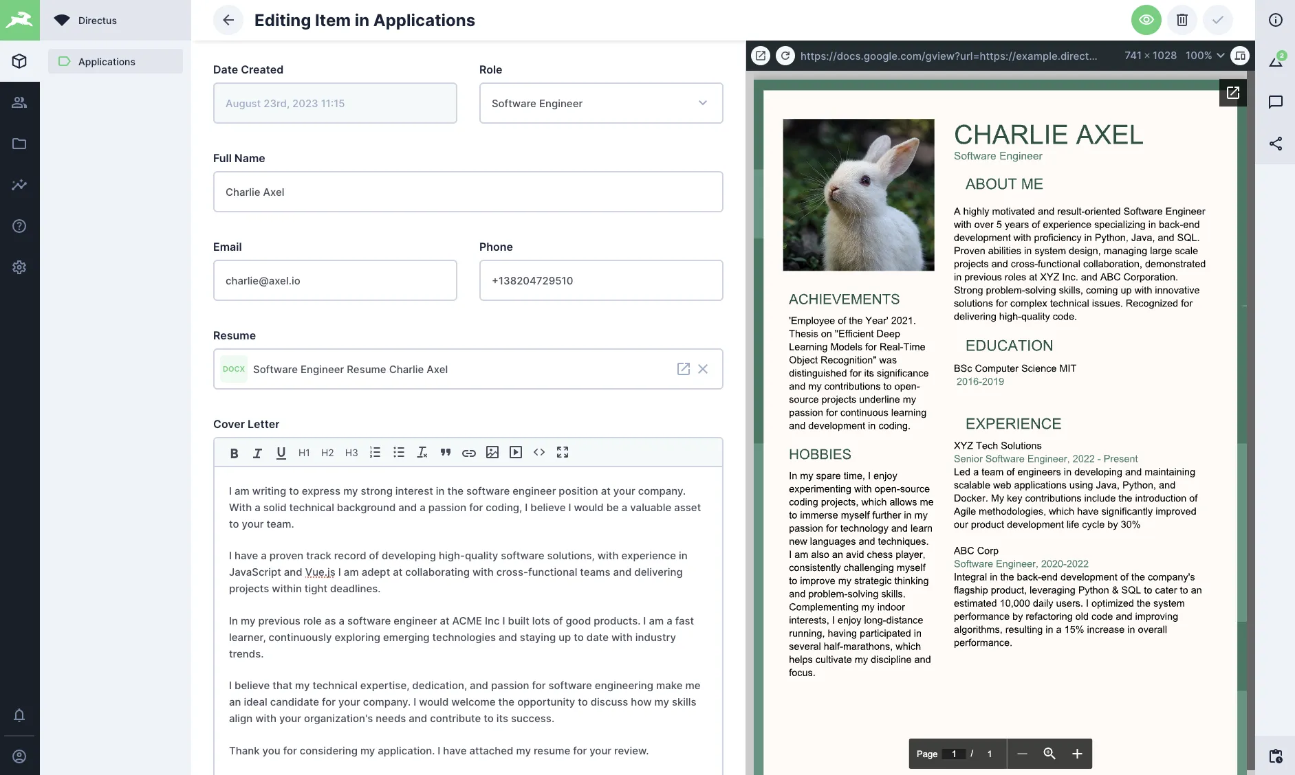 Directus Editor with a form on the left and a Doc X file being previewed on the right.