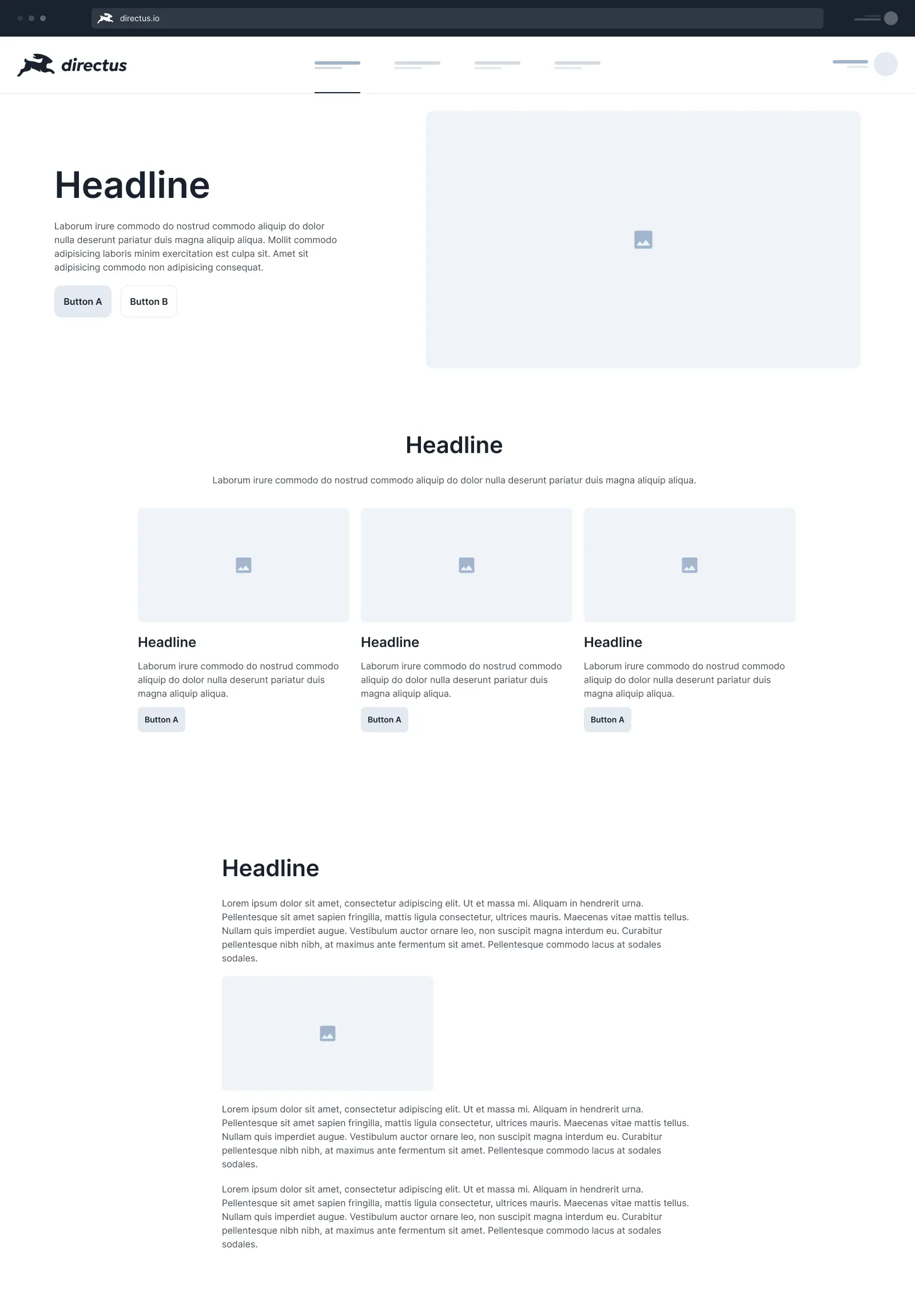 Website wireframe that shows three different sections. A hero block with a headline and image, a group of content cards, and a block of rich text.