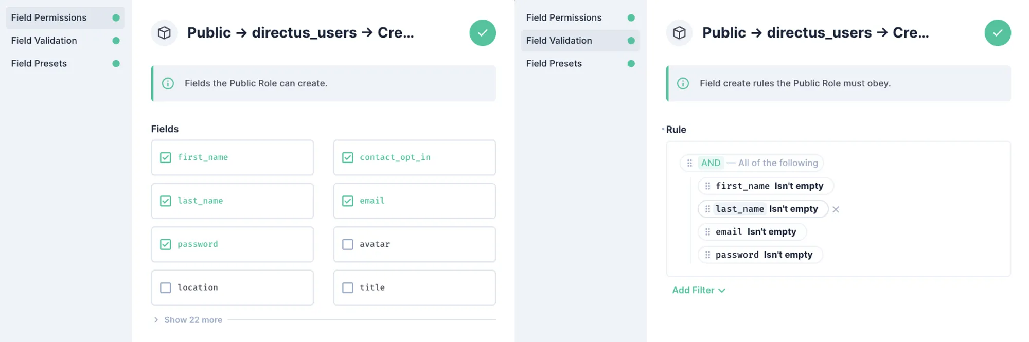 The public Directus Users create permissions allows access to only the name, email, password, and contact fields. The field validation requires name, email, and password to not be empty.