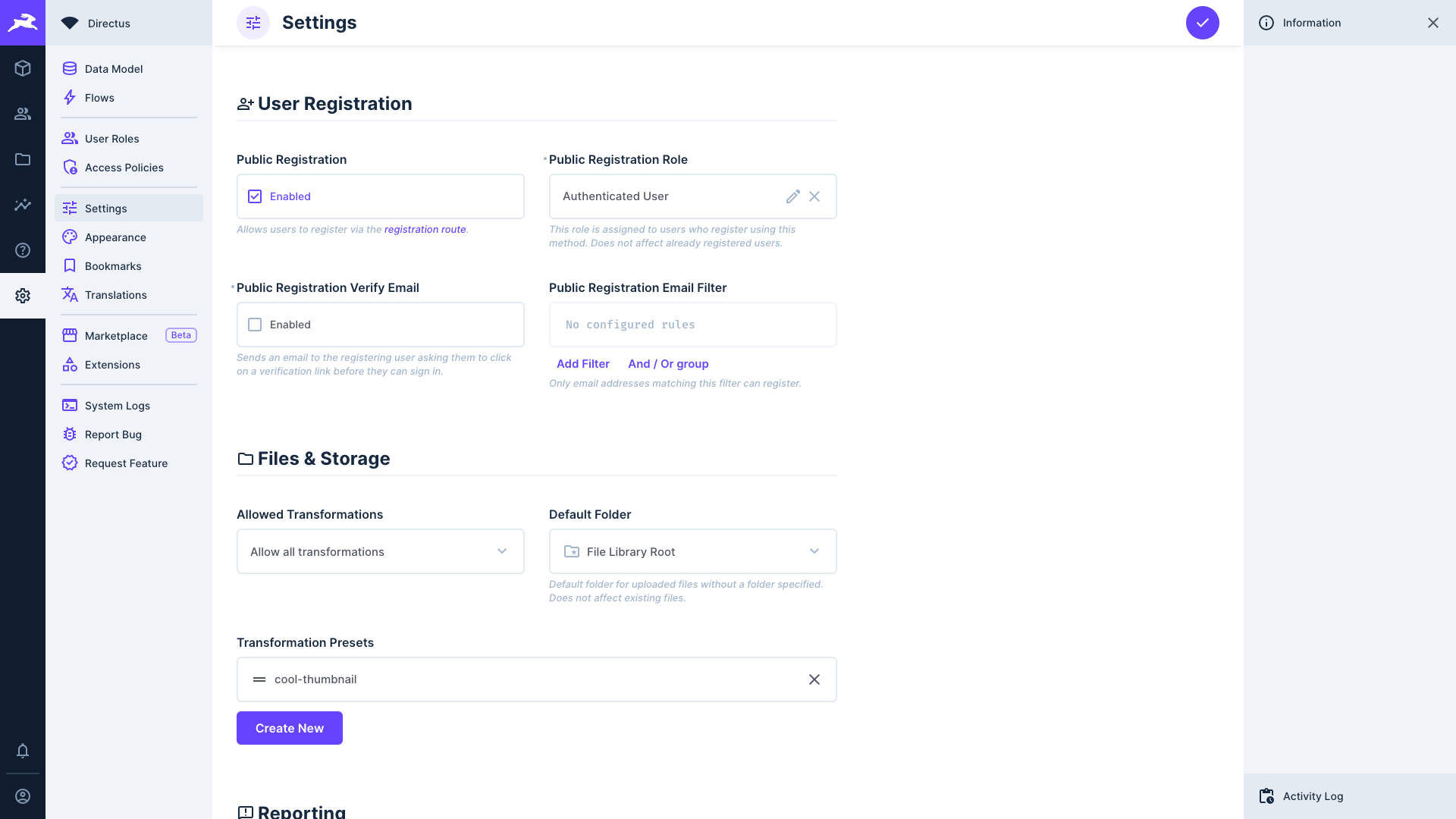 Directus' settings module showing that public registration is activated and the role set to "Authenticated User"