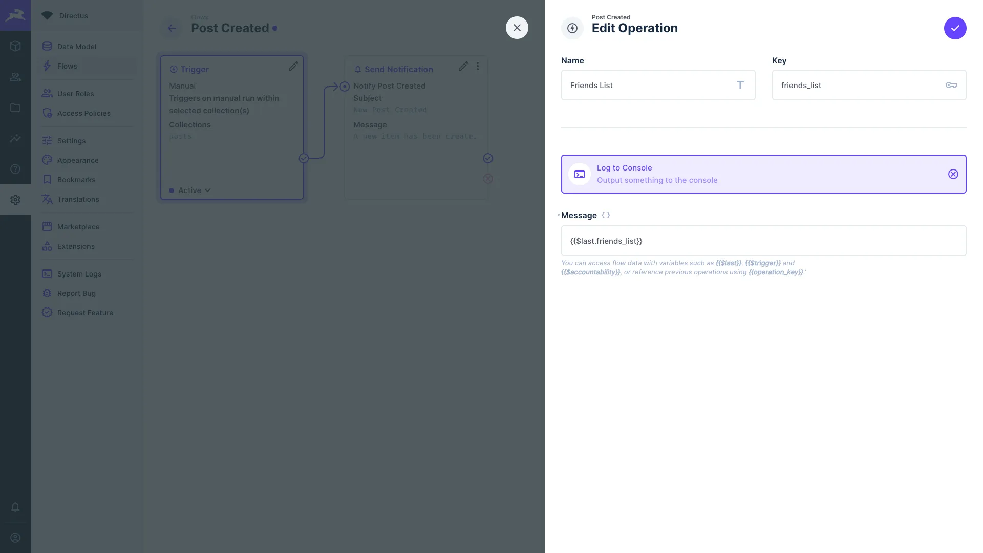 Log to Console operation configuration