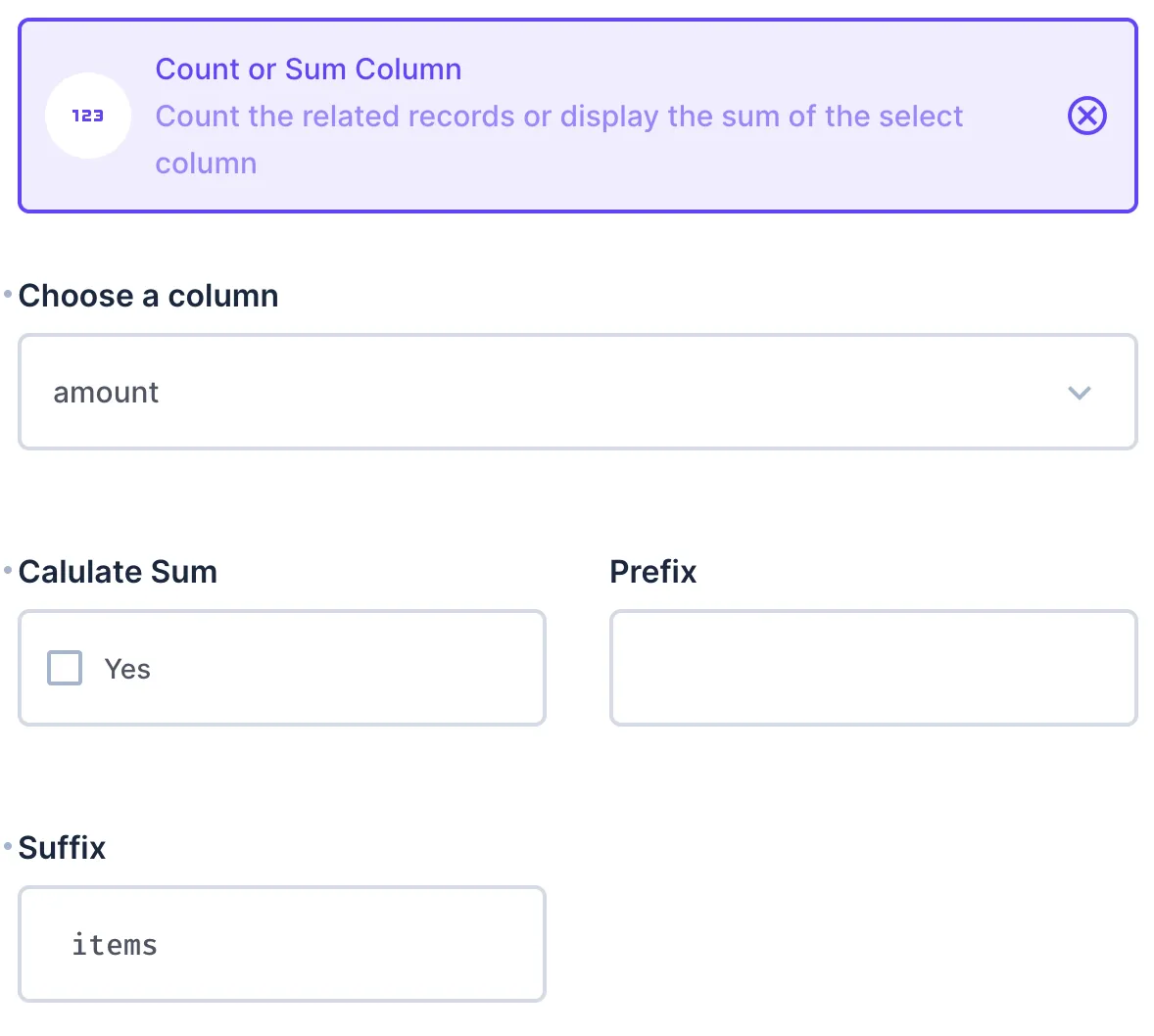 New display options showing a select field for column, a checkbox for calculate sum, and text fields for prefix and suffix.