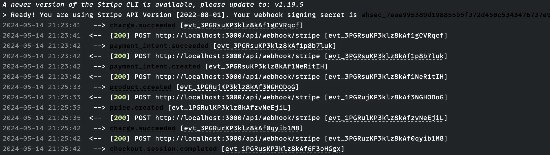 Stripe webhook terminal
