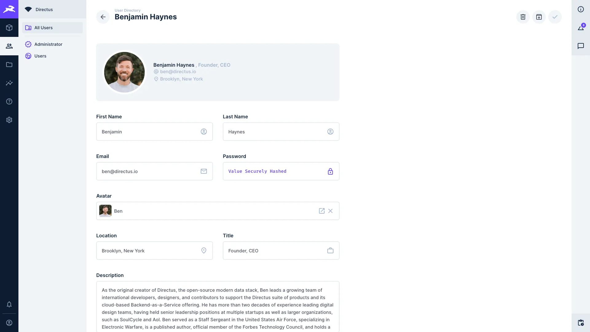 A user profile for Ben Haynes, showing an image, email, role, and various other pieces of metadata in an editable form.