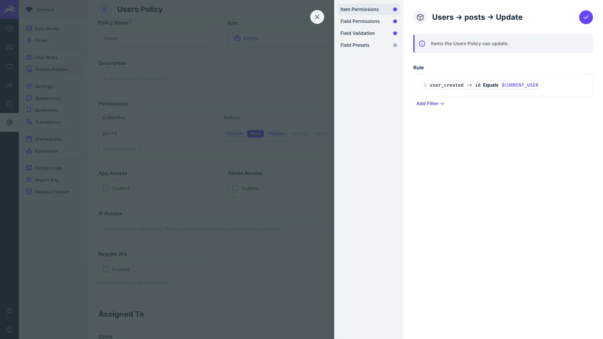 Item permissions with a filter rule that limits access to update items where user_created equals the current user.